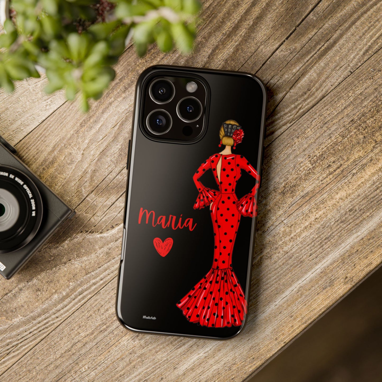 una funda de teléfono con una dama en un vestido rojo