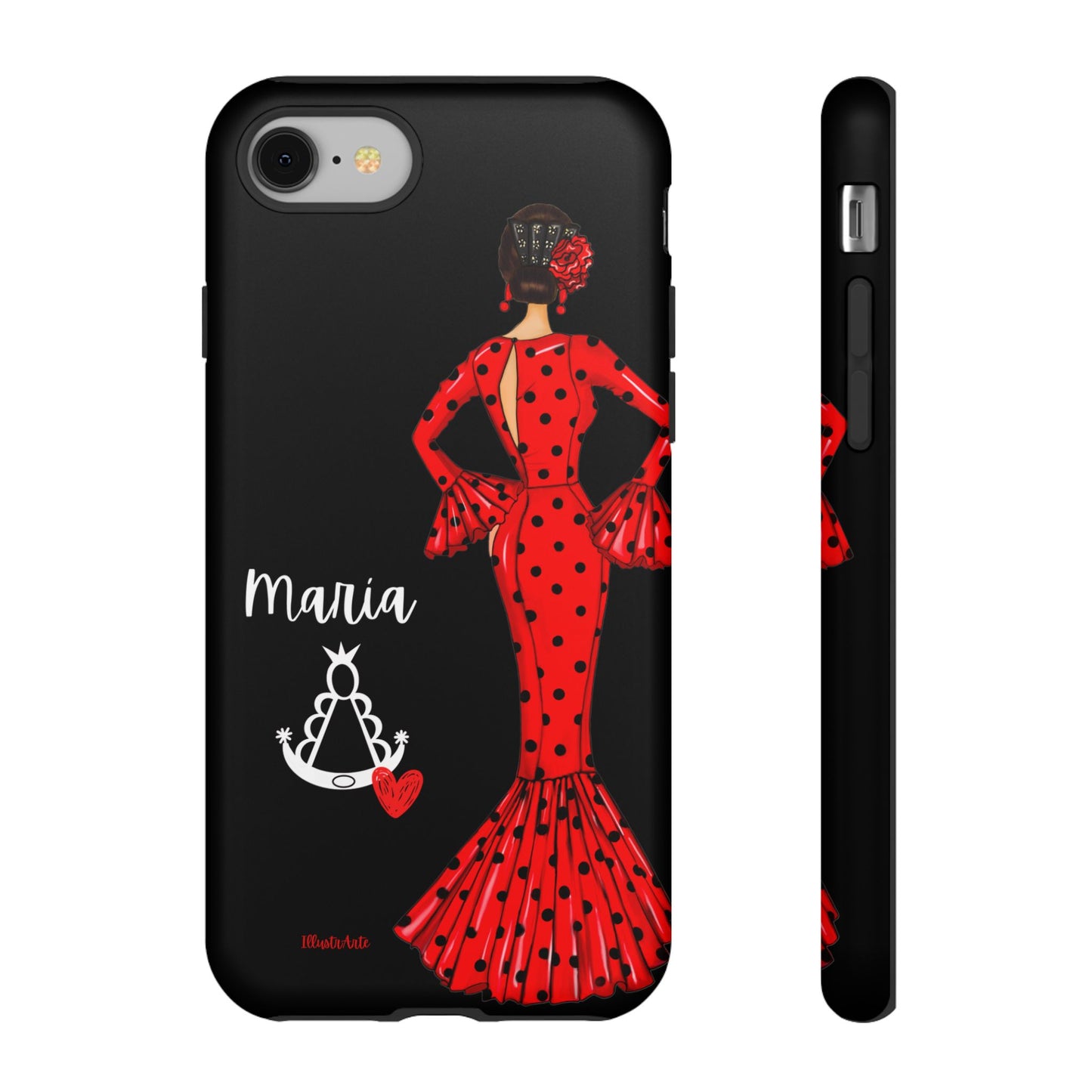 una funda de teléfono con una mujer en un vestido rojo