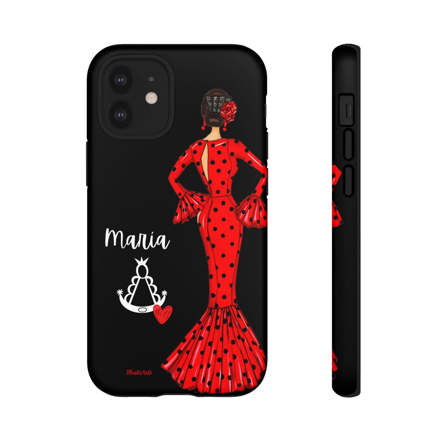 una funda de teléfono con una mujer en un vestido rojo