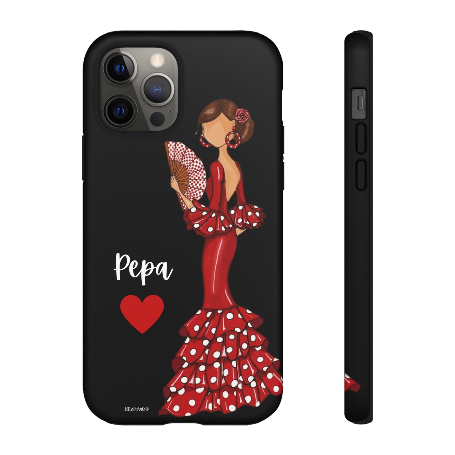 una funda de teléfono con una mujer en un vestido rojo