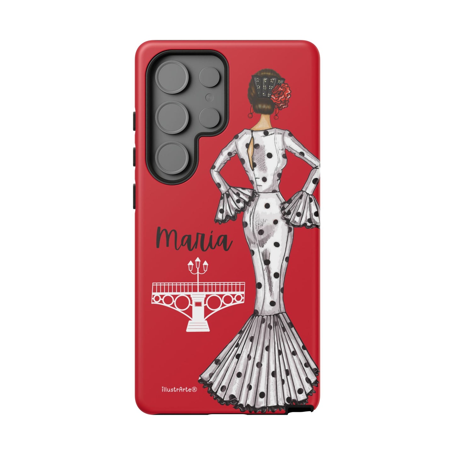 Funda de teléfono personalizada con el diseño de la flamenca María, ideal para quienes buscan un toque único.