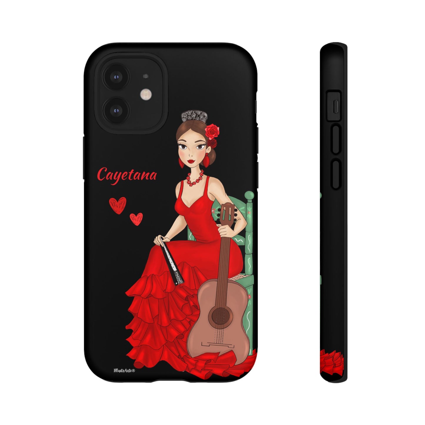 una funda de teléfono con una mujer en un vestido rojo sosteniendo una guitarra