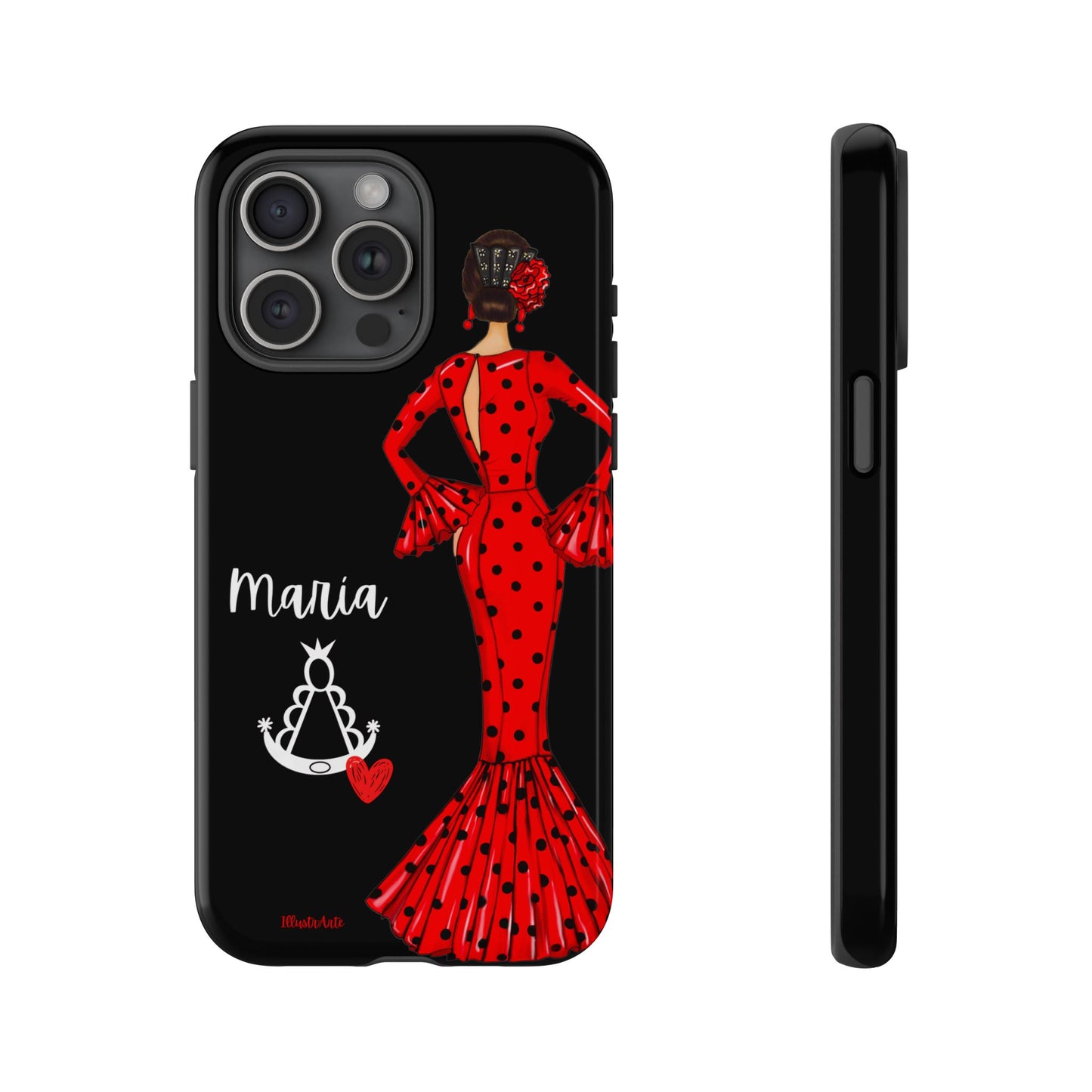 una funda de teléfono con una mujer en un vestido rojo