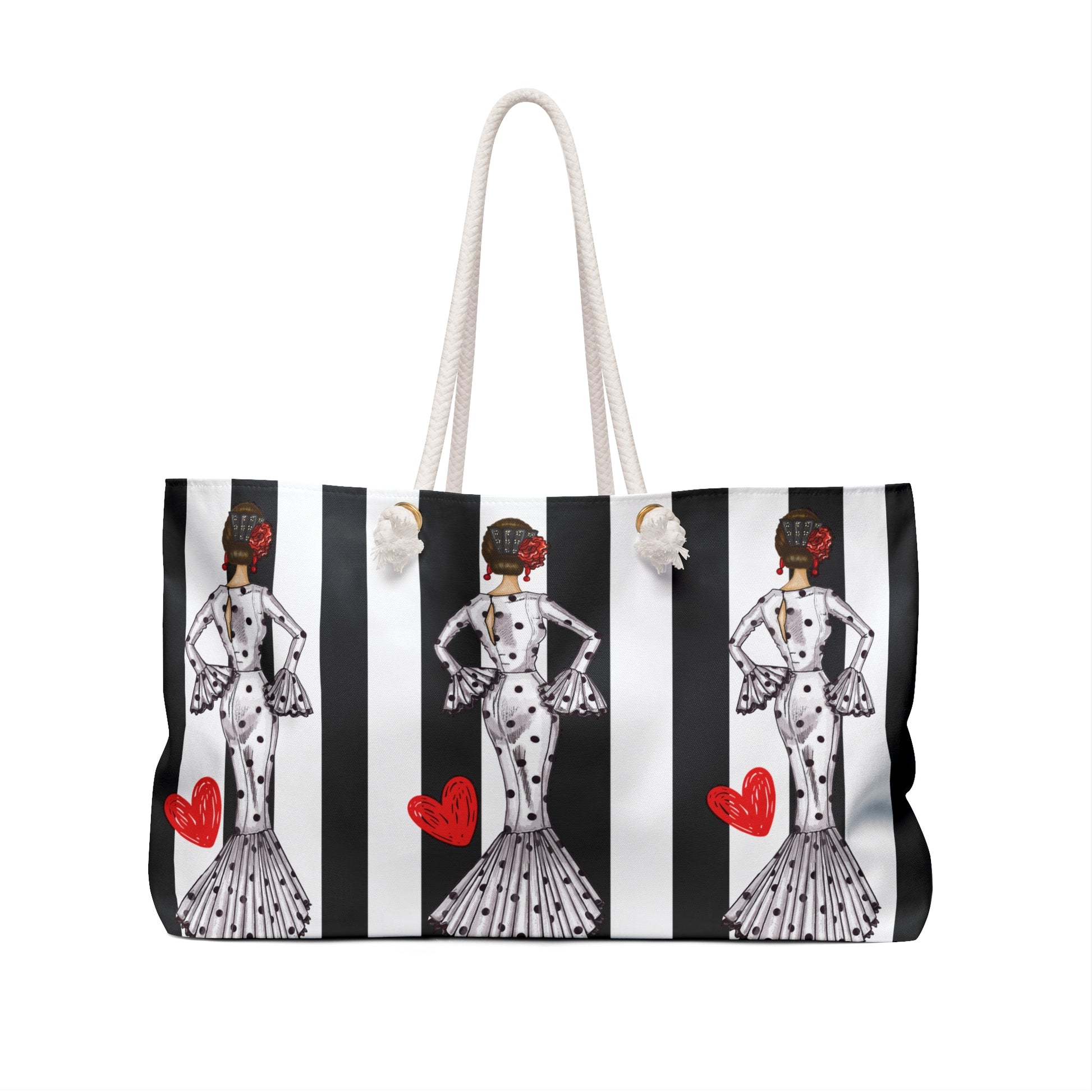 a black and white striped bag with a picture of a woman