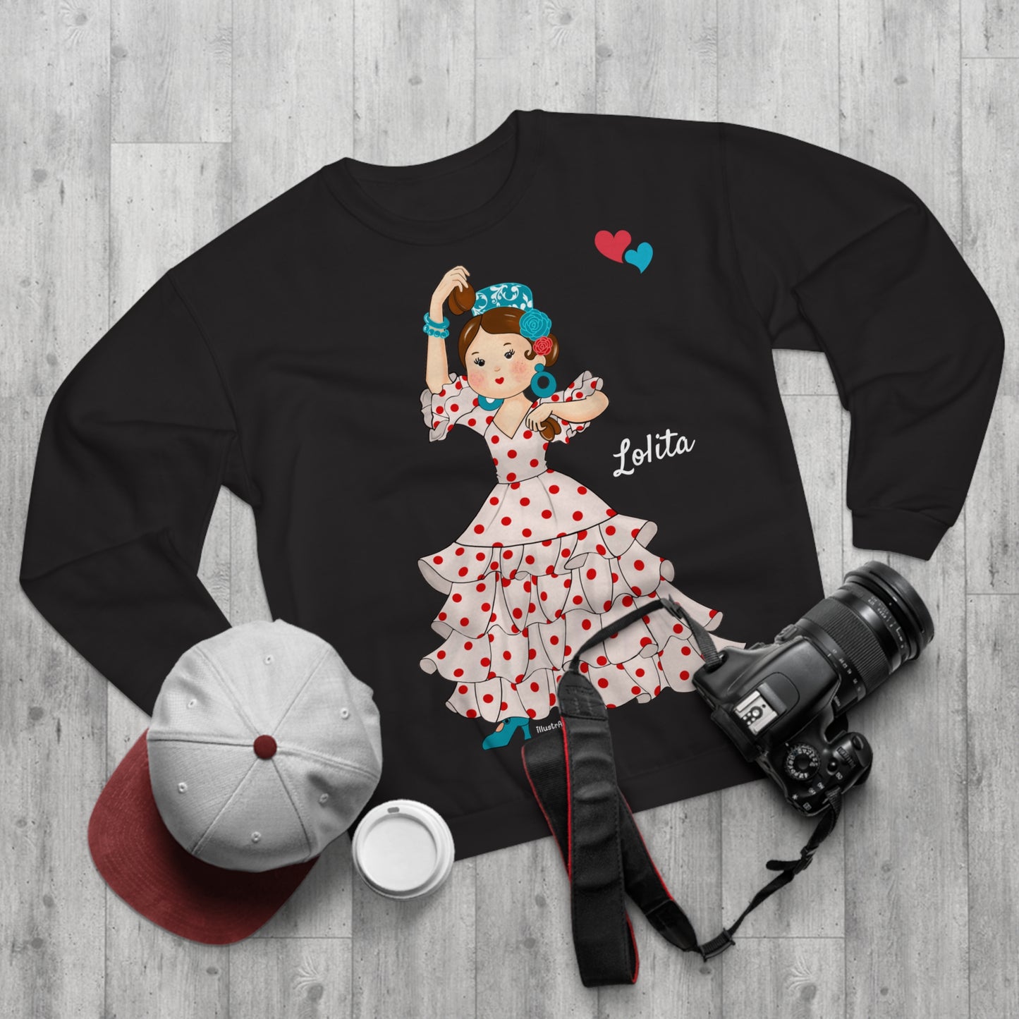 Sudadera Personalizable  - Flamenca Lolita, fondo negro - Arte, color y comodidad en una sola prenda