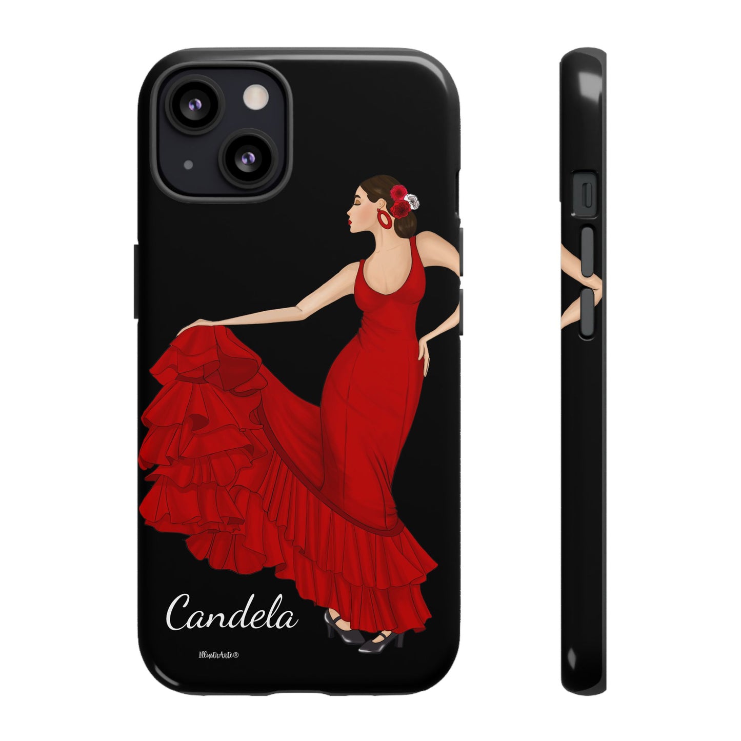 una funda de teléfono con una imagen de una mujer en un vestido rojo