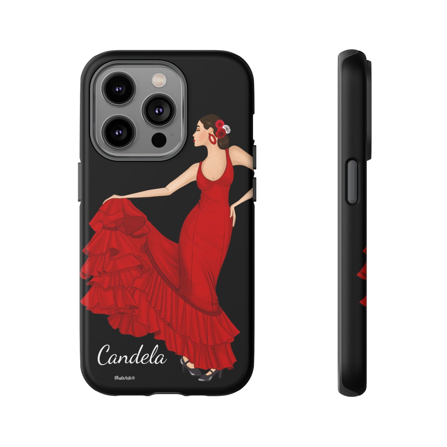 una funda de teléfono con una imagen de una mujer en un vestido rojo