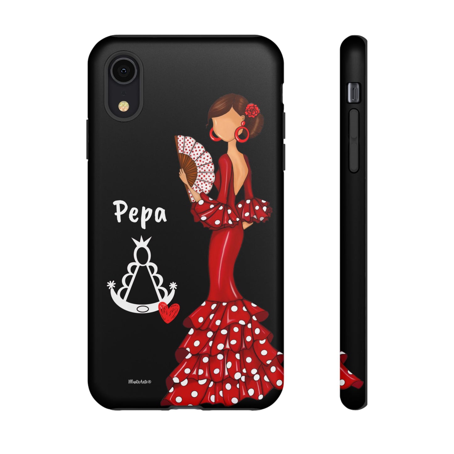 Personalized Pepa phone case on a black background with the Virgin Mary – for iPhone, Samsung, Pixel