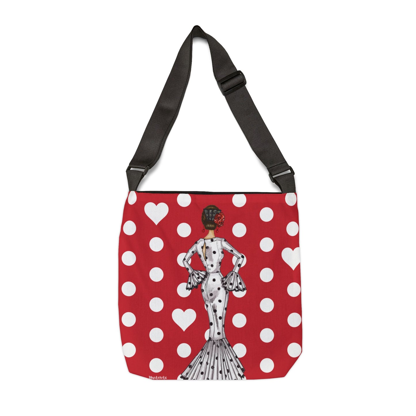 a red and white polka dot bag with a picture of a woman on it