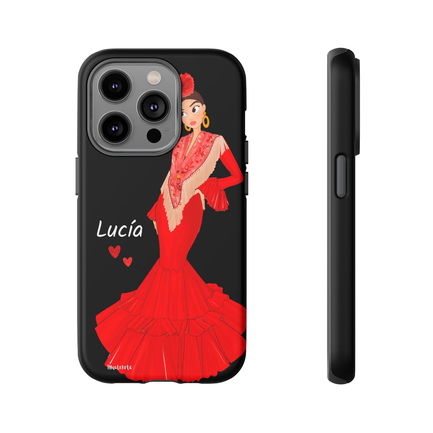 una funda de teléfono con una imagen de una mujer en un vestido rojo