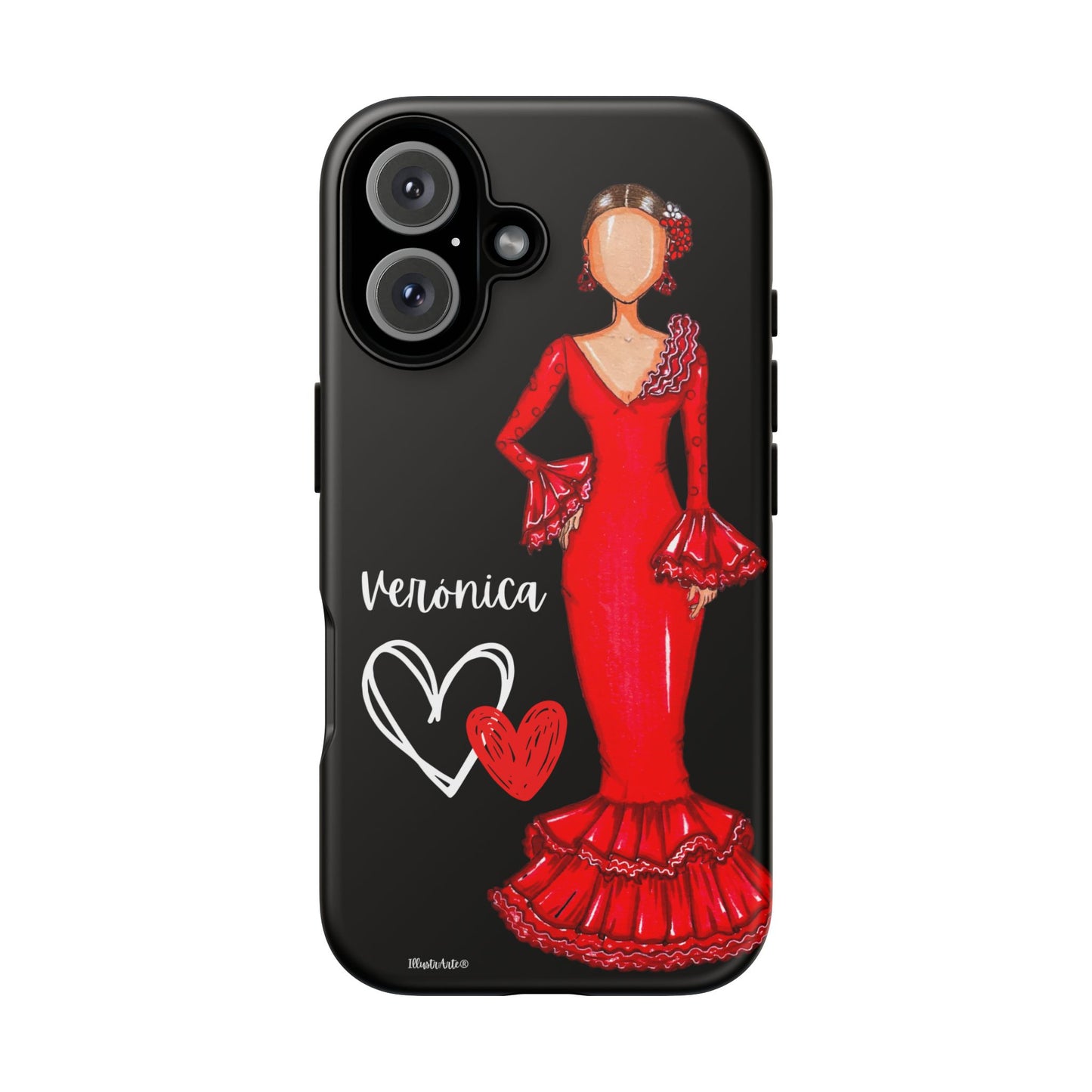 una funda de teléfono con una imagen de una mujer con un vestido rojo