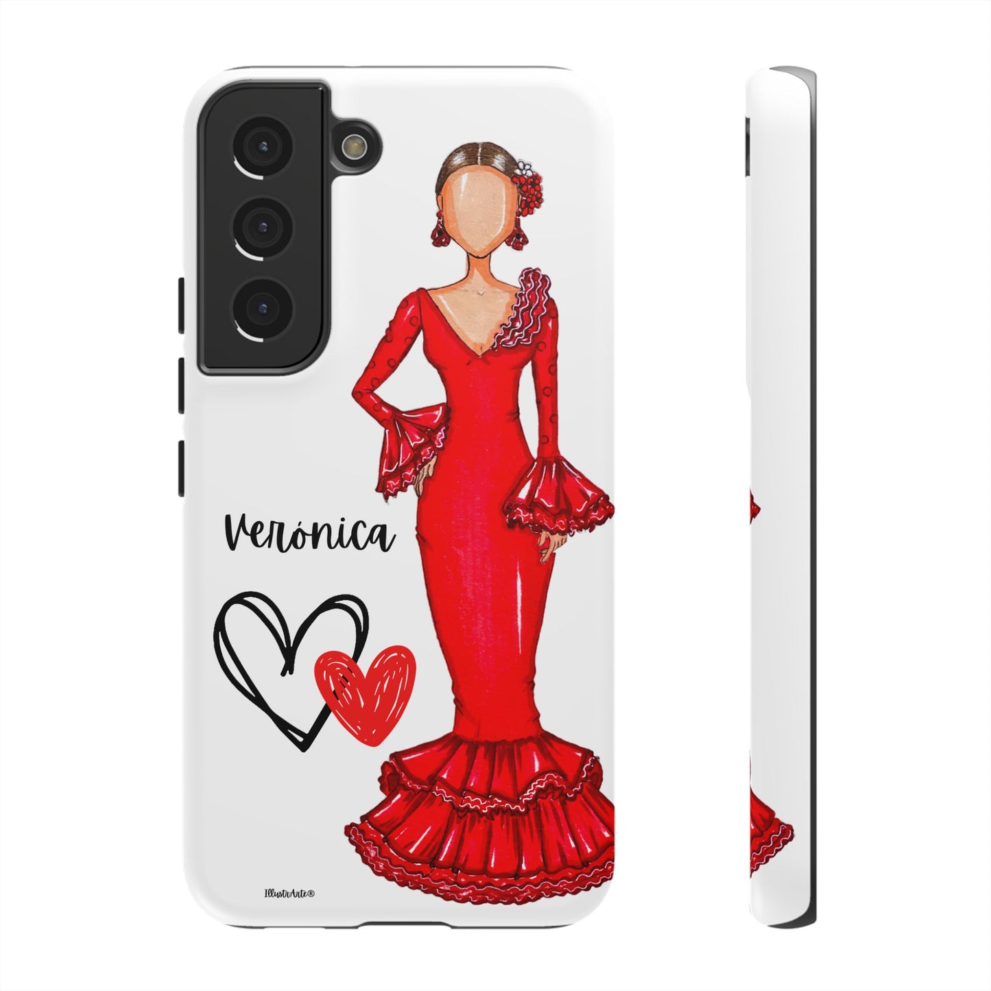 una funda de teléfono con un dibujo de una mujer en un vestido rojo