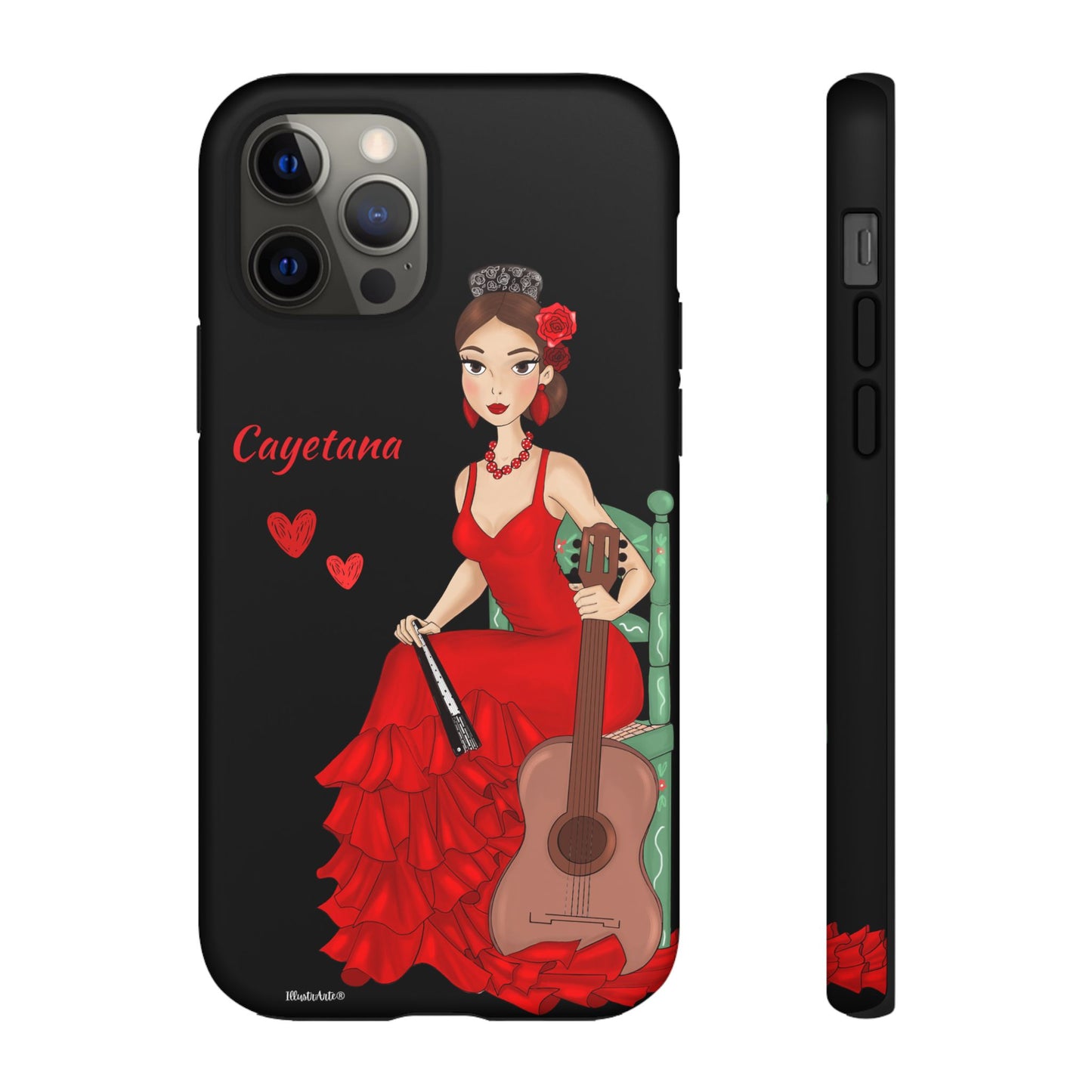 una funda de teléfono con una mujer en un vestido rojo sosteniendo una guitarra