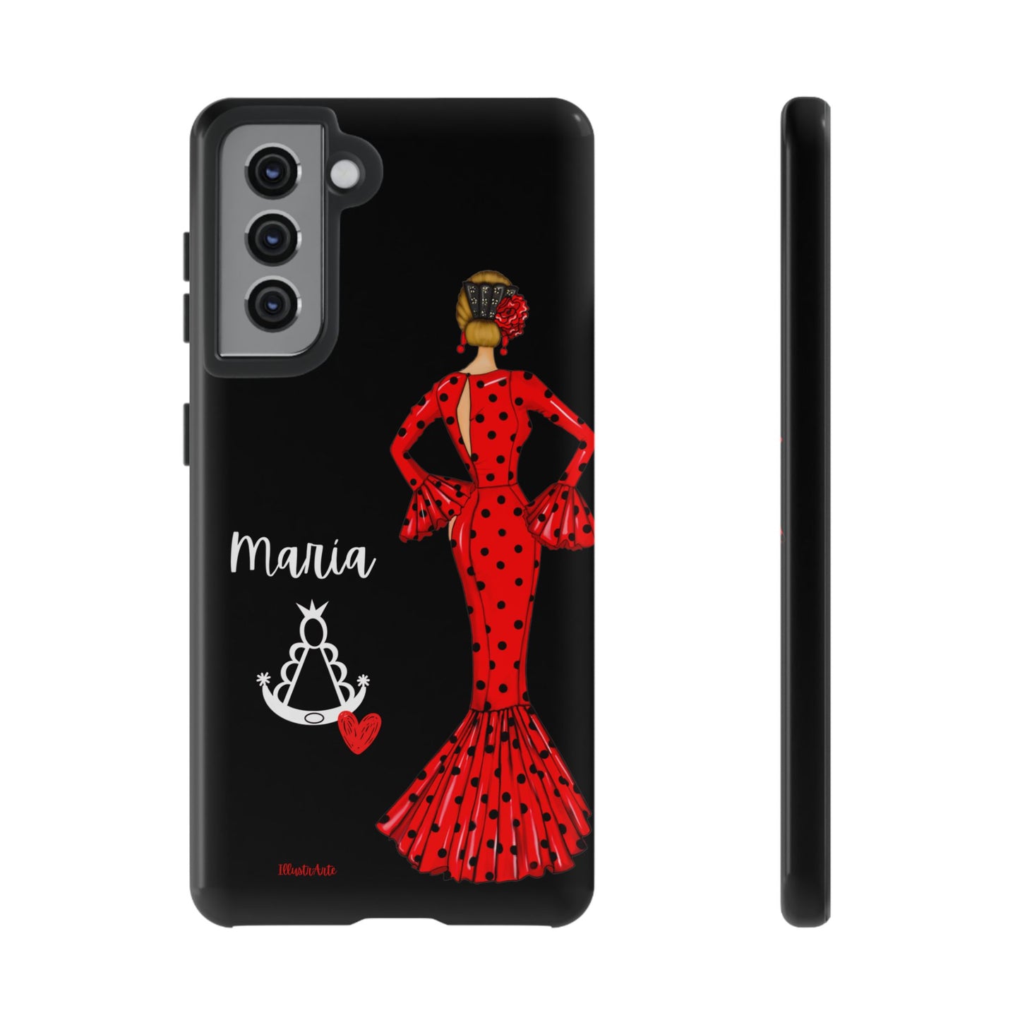 una funda de teléfono con una mujer en un vestido rojo