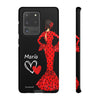 Funda de teléfono personalizable María rojo pelo oscuro fondo negro – para iPhone, Samsung, Pixel