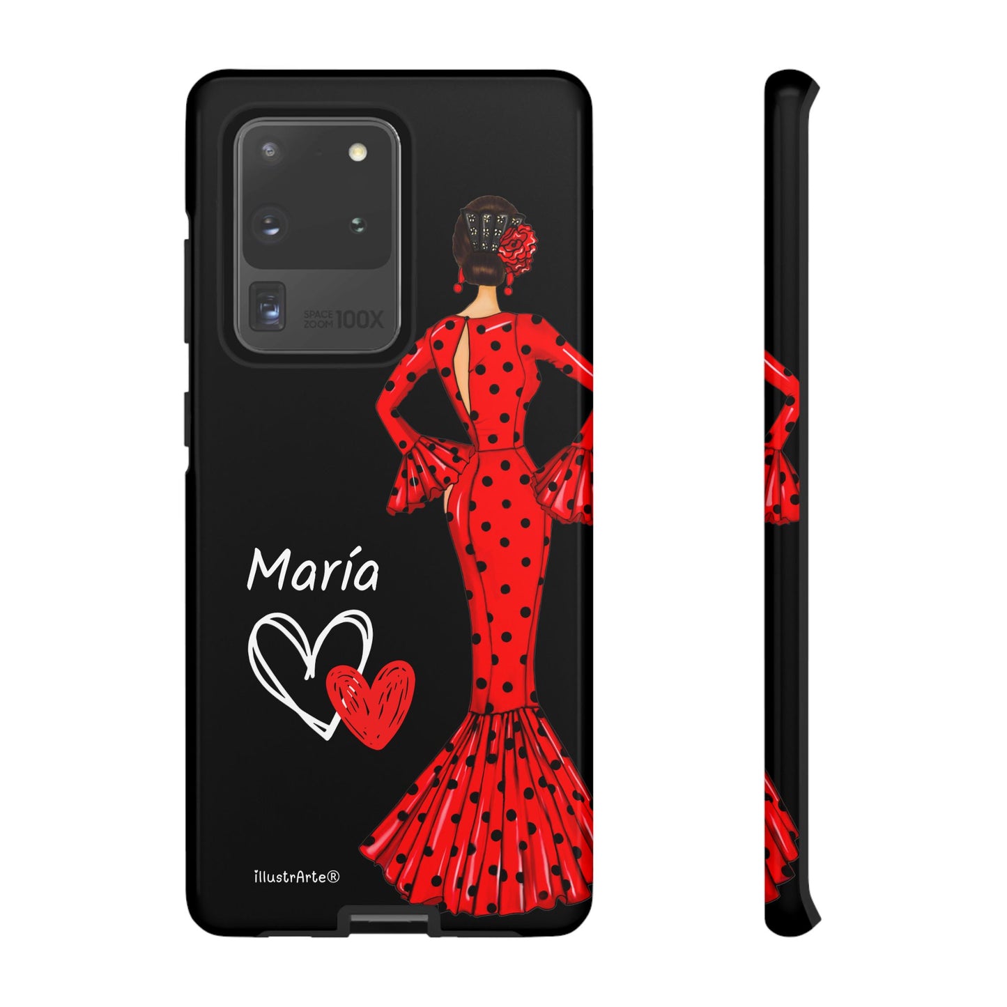 Capa de celular personalizável com nome/bandeira/Virgem - modelo Red Maria com cabelo escuro, fundo preto, para iPhone, Samsung e Google Pixel