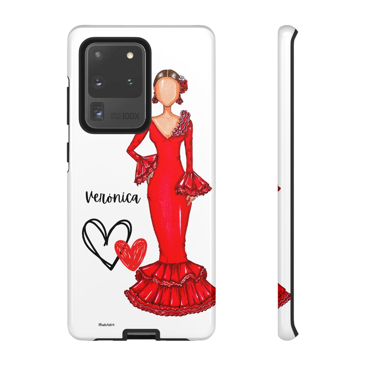 una funda de teléfono con una mujer en un vestido rojo