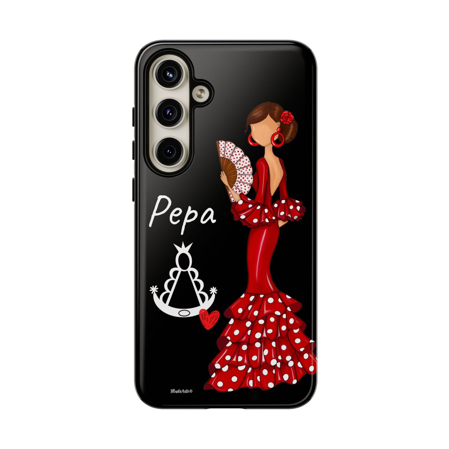 una funda de teléfono con una mujer en un vestido rojo