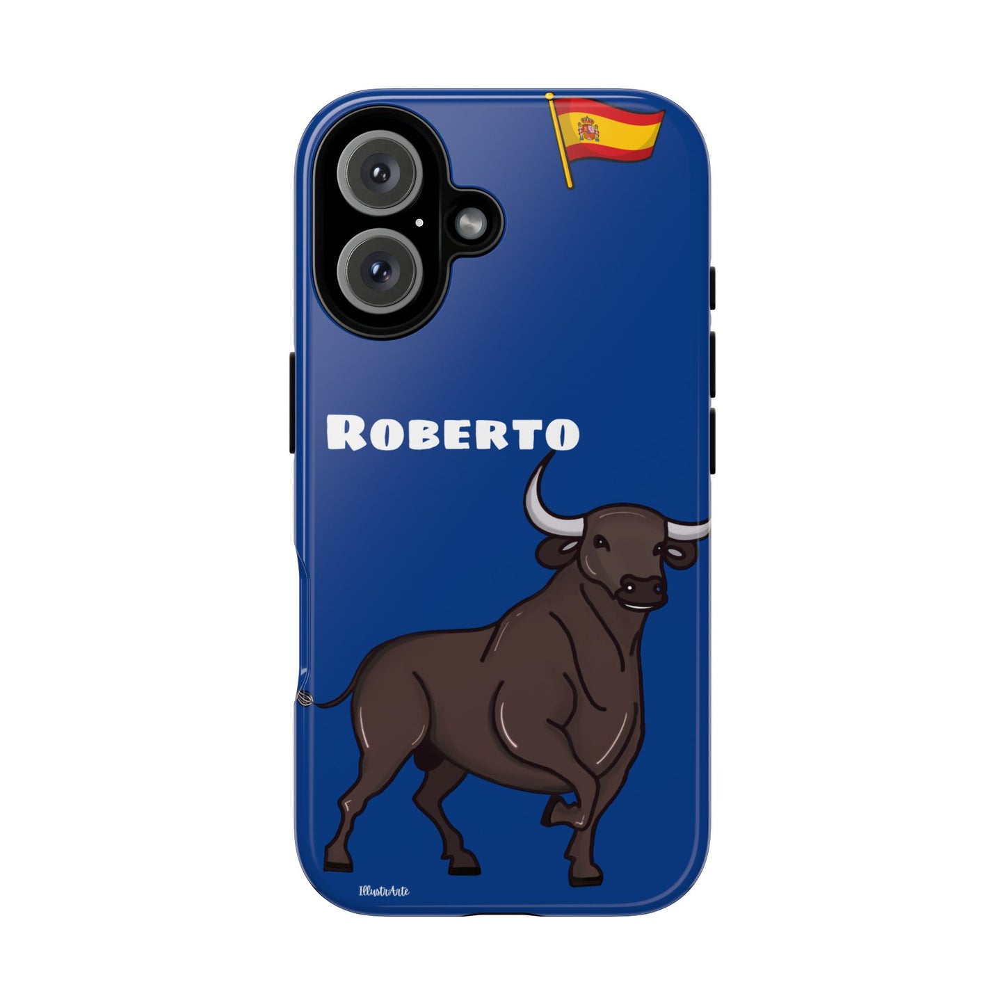 una funda de teléfono azul con un toro en ella