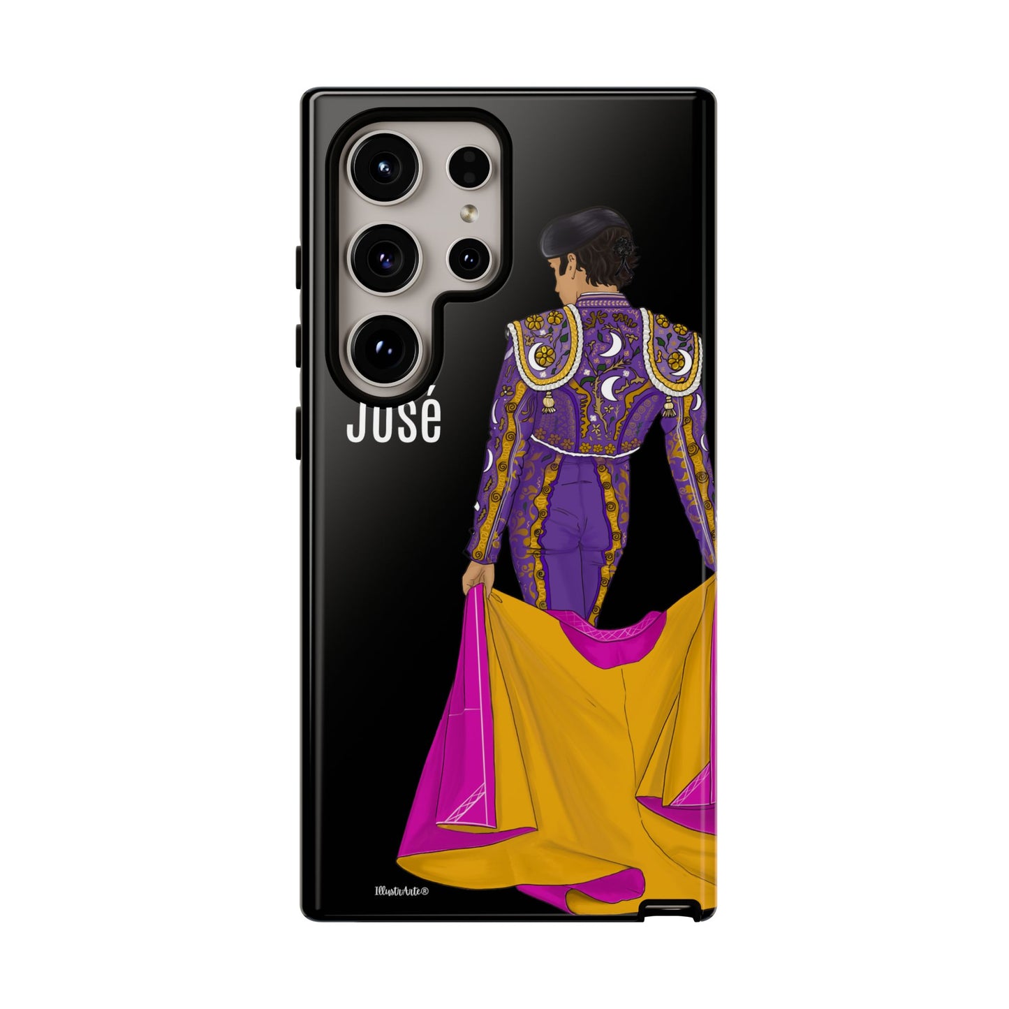 una funda de teléfono con una imagen de un hombre en un traje morado y amarillo