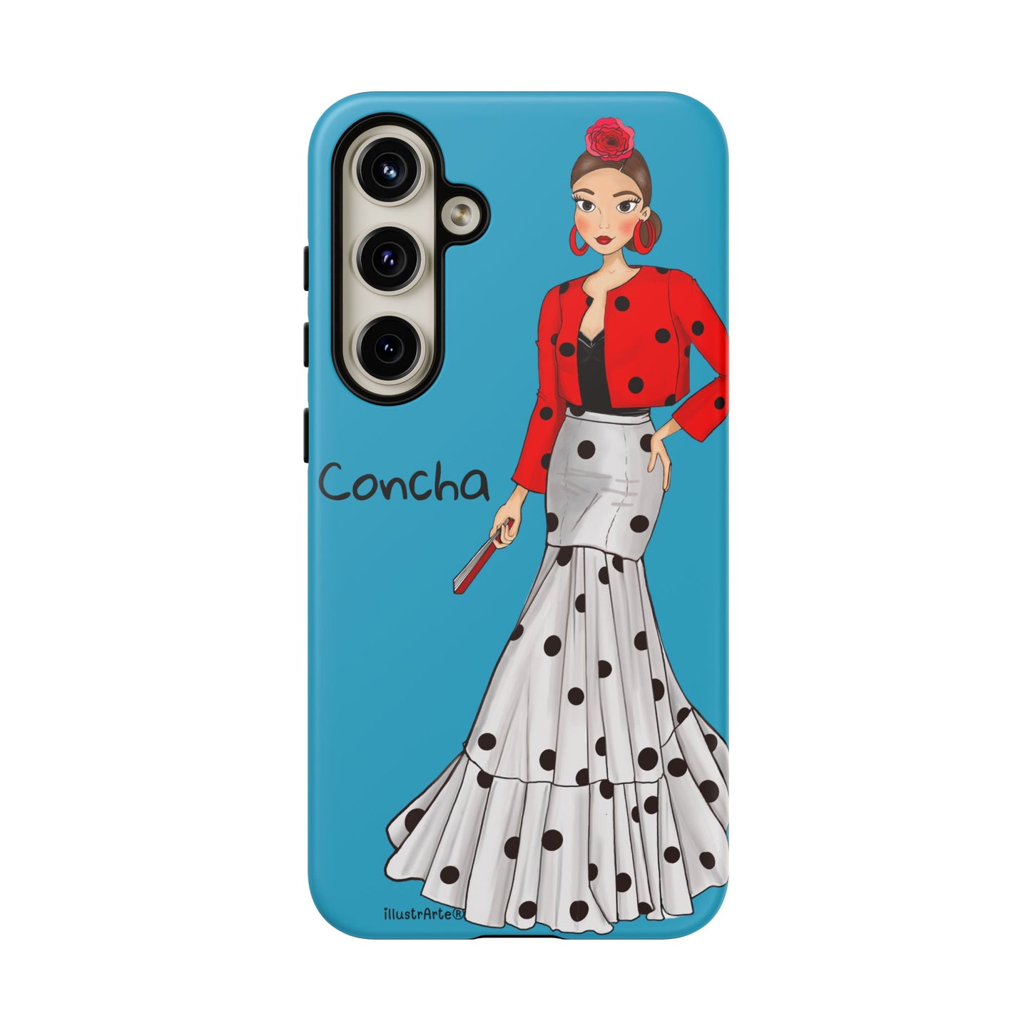 Funda Modelo Conchita fondo azul, que aporta un toque alegre a tu dispositivo.