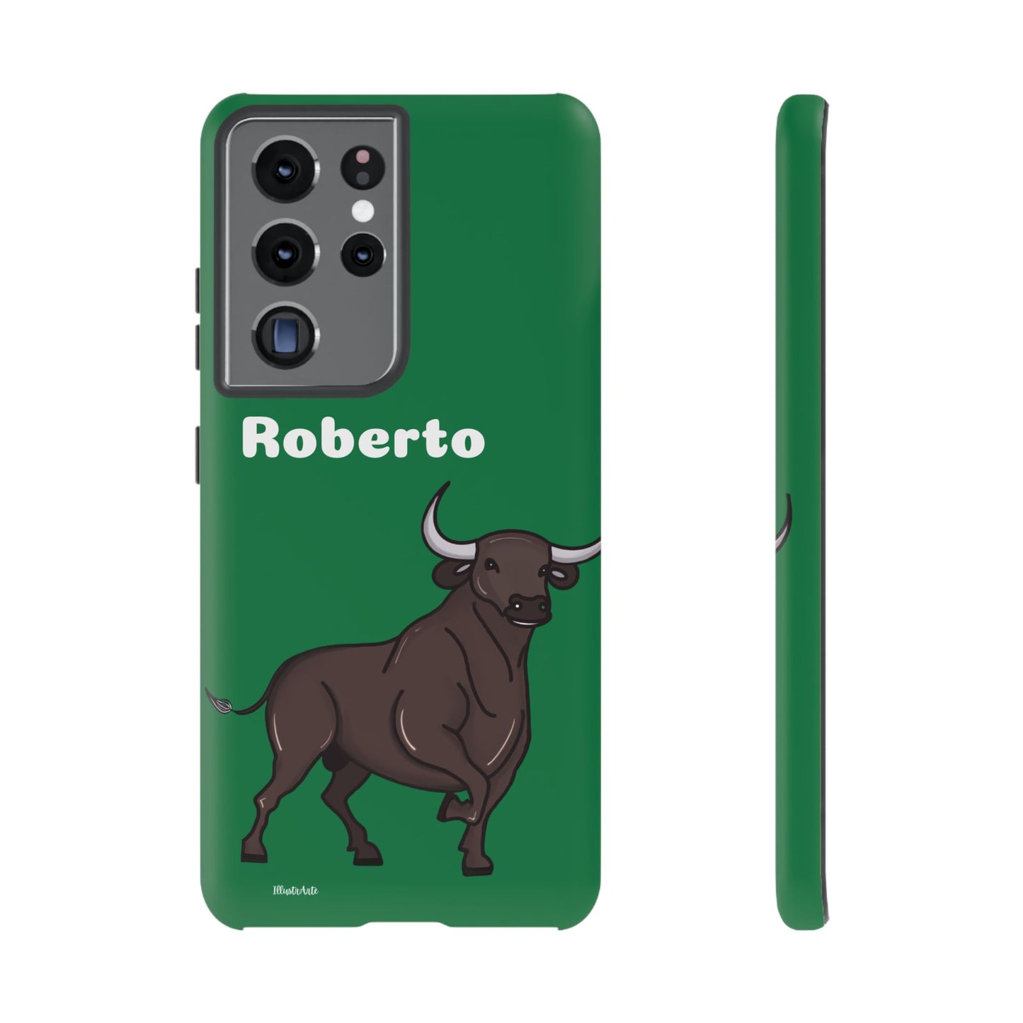 una funda de teléfono verde con un toro en ella