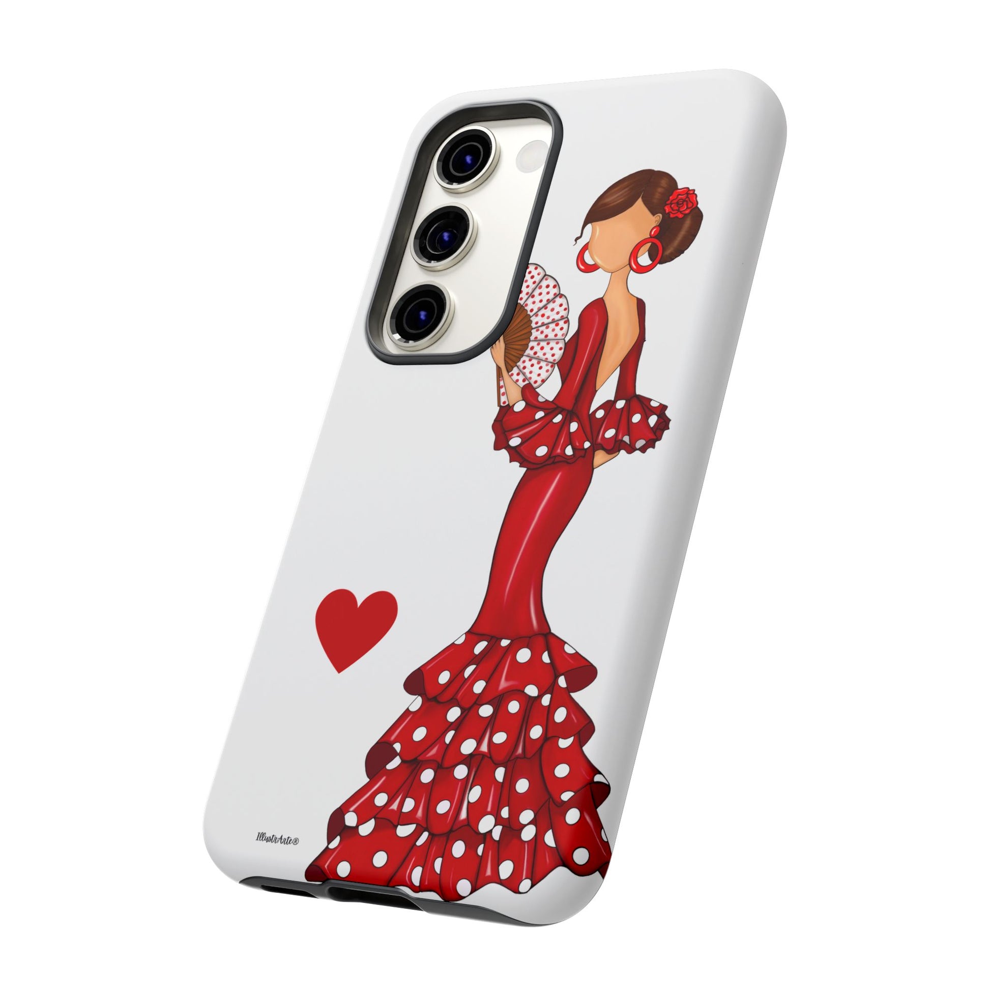 una funda de teléfono con una mujer en un vestido rojo