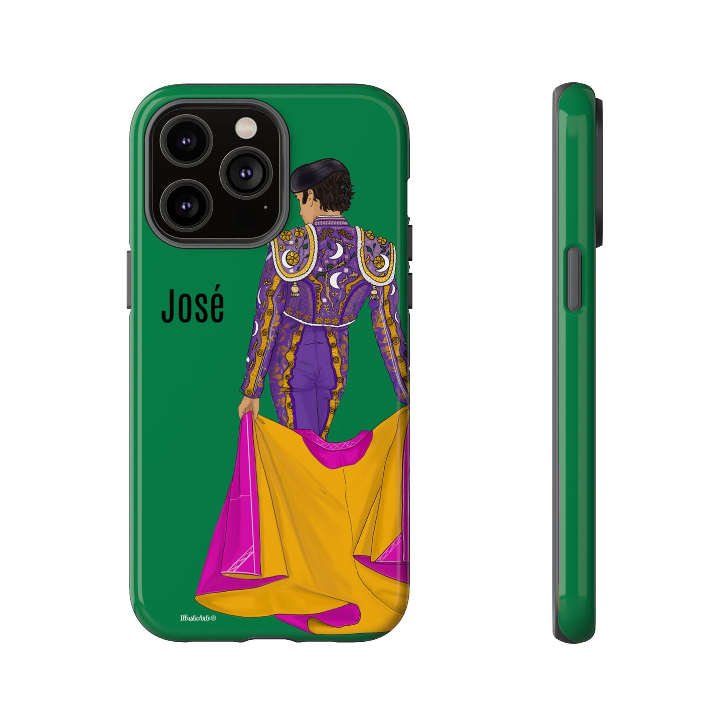 una funda de teléfono verde con una imagen de una mujer en un vestido púrpura y amarillo