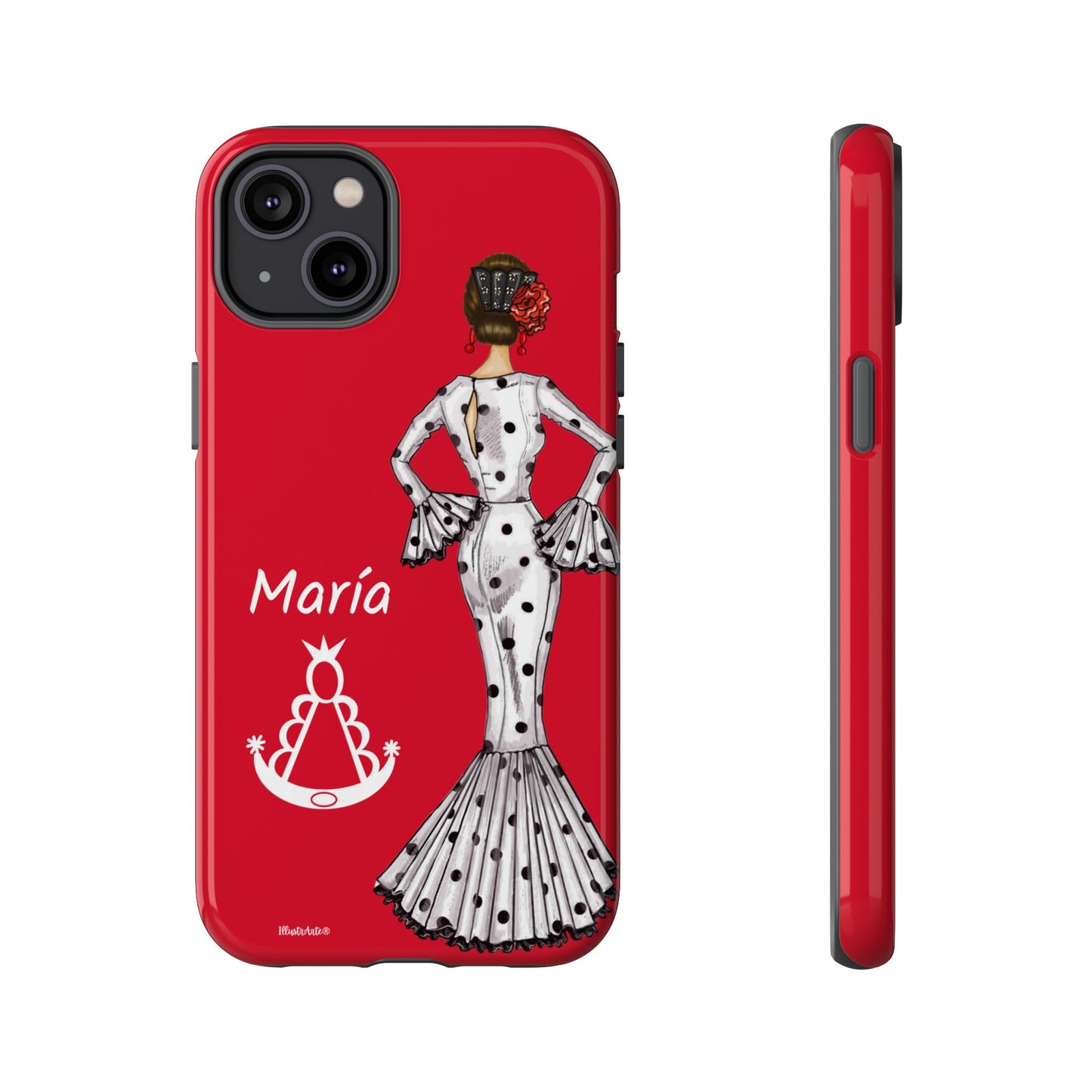 una funda de teléfono roja con una imagen de una mujer en un vestido