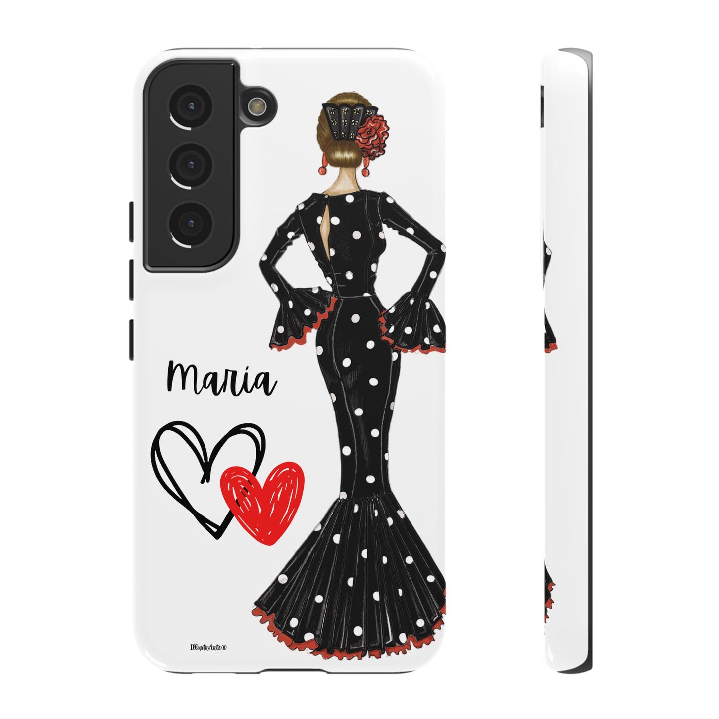 una funda para teléfono con una mujer en un vestido