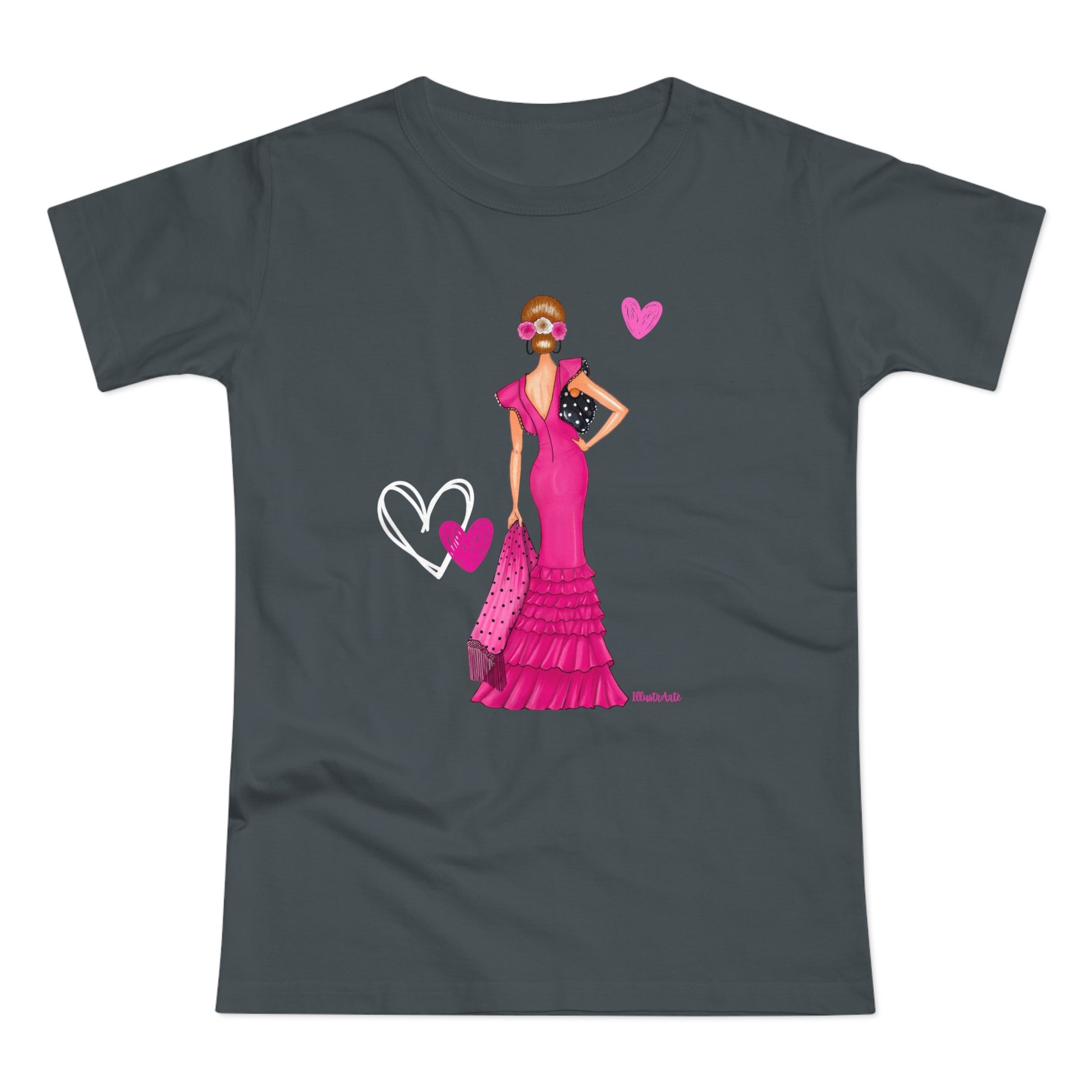 a women's t - shirt with a woman in a pink dress