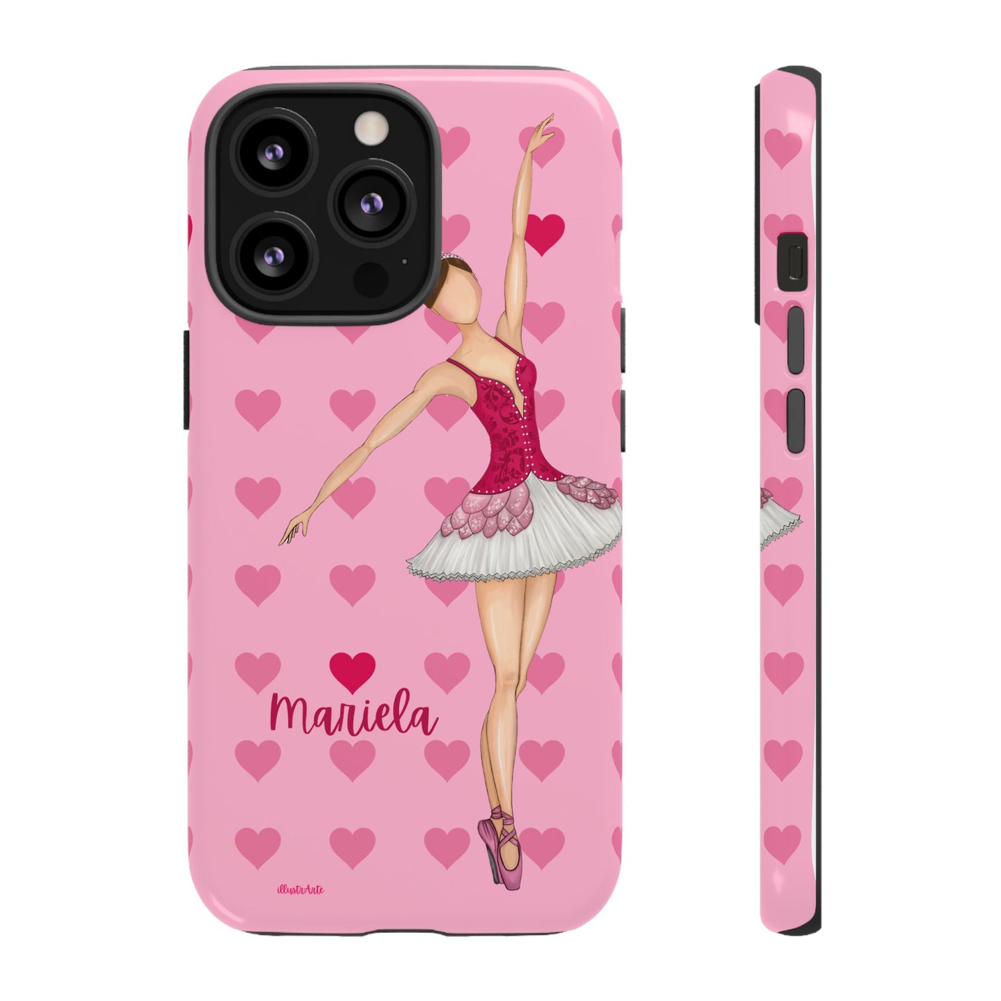 una funda de teléfono rosa con una bailarina en ella