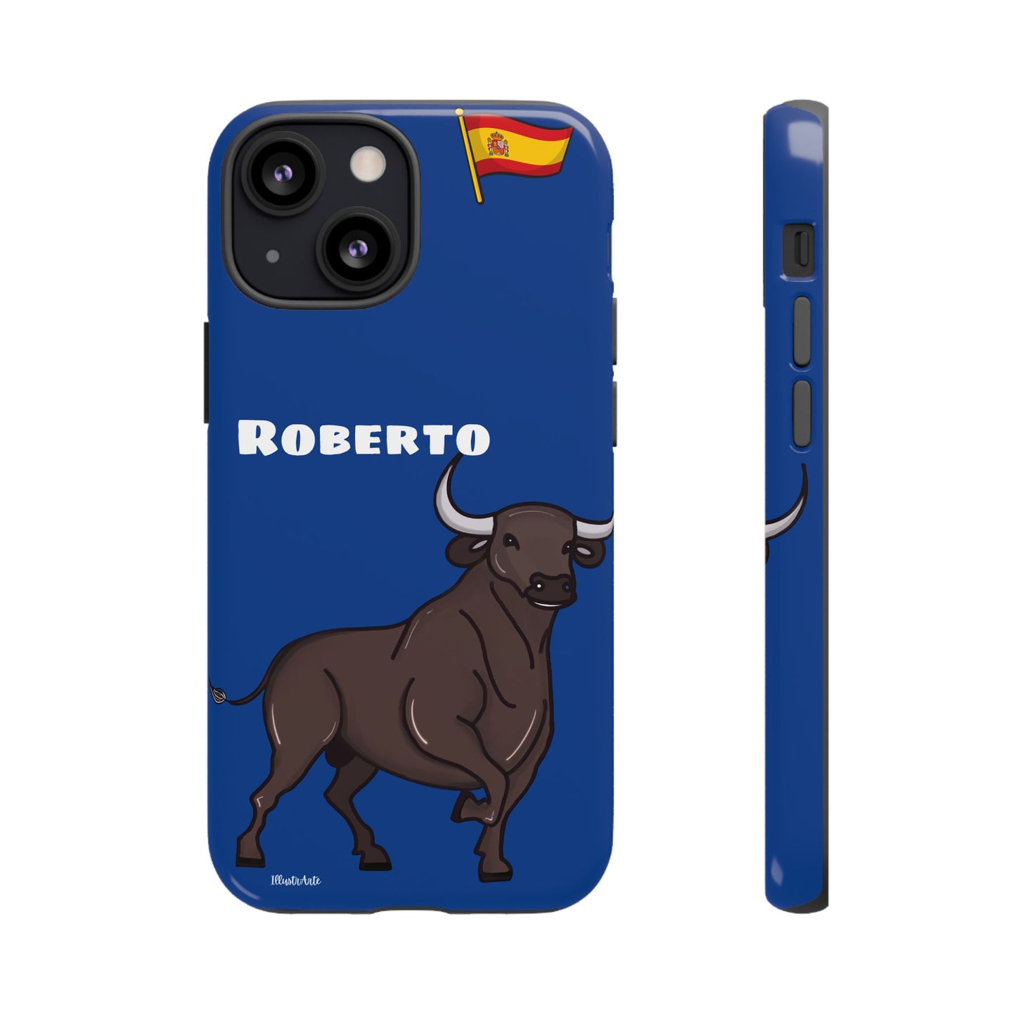 una funda de teléfono azul con un toro en ella