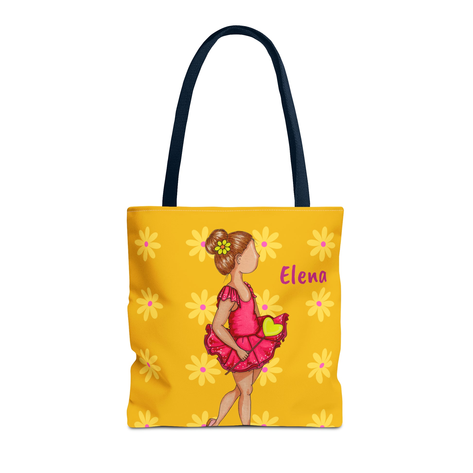 a yellow tote bag with a picture of a little girl in a pink dress