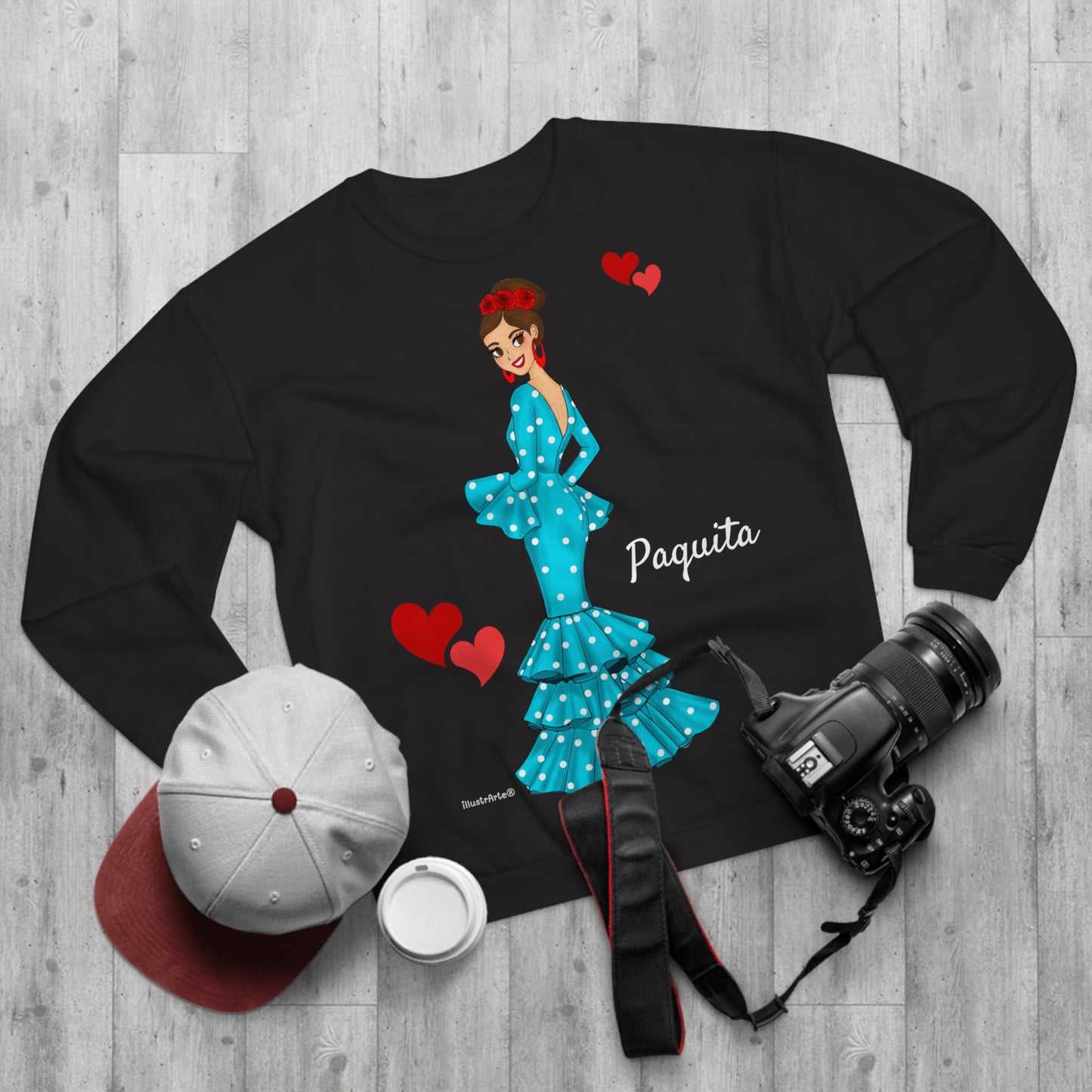 Sudadera Personalizable  - Flamenca Paquita, fondo negro - Arte, color y comodidad en una sola prenda