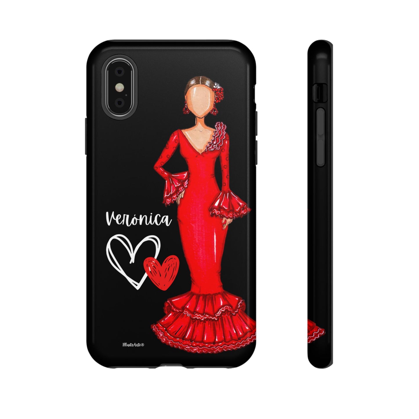 una funda de teléfono con una mujer con un vestido rojo