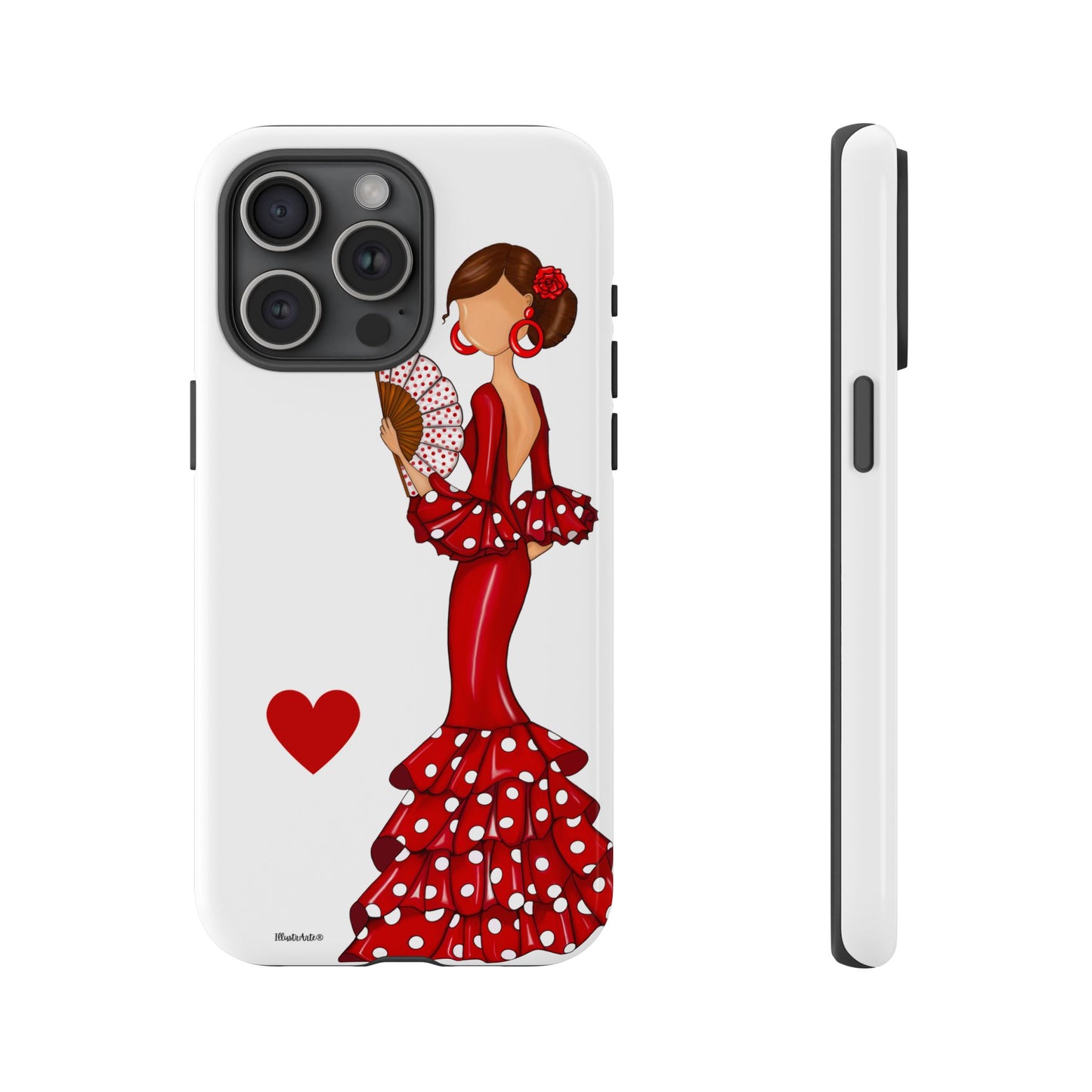 una funda de teléfono con una mujer en un vestido rojo