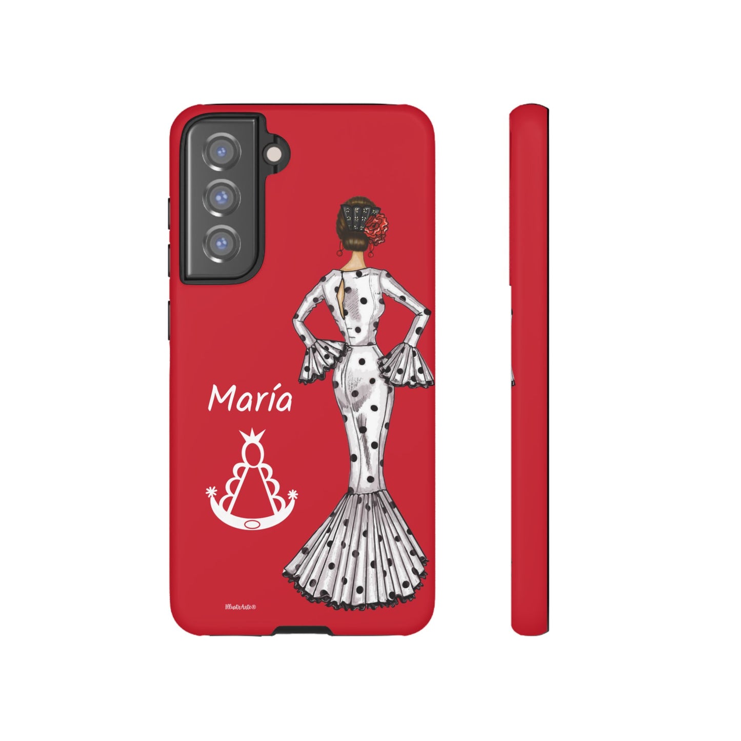 una funda de teléfono roja con una imagen de una mujer en un vestido