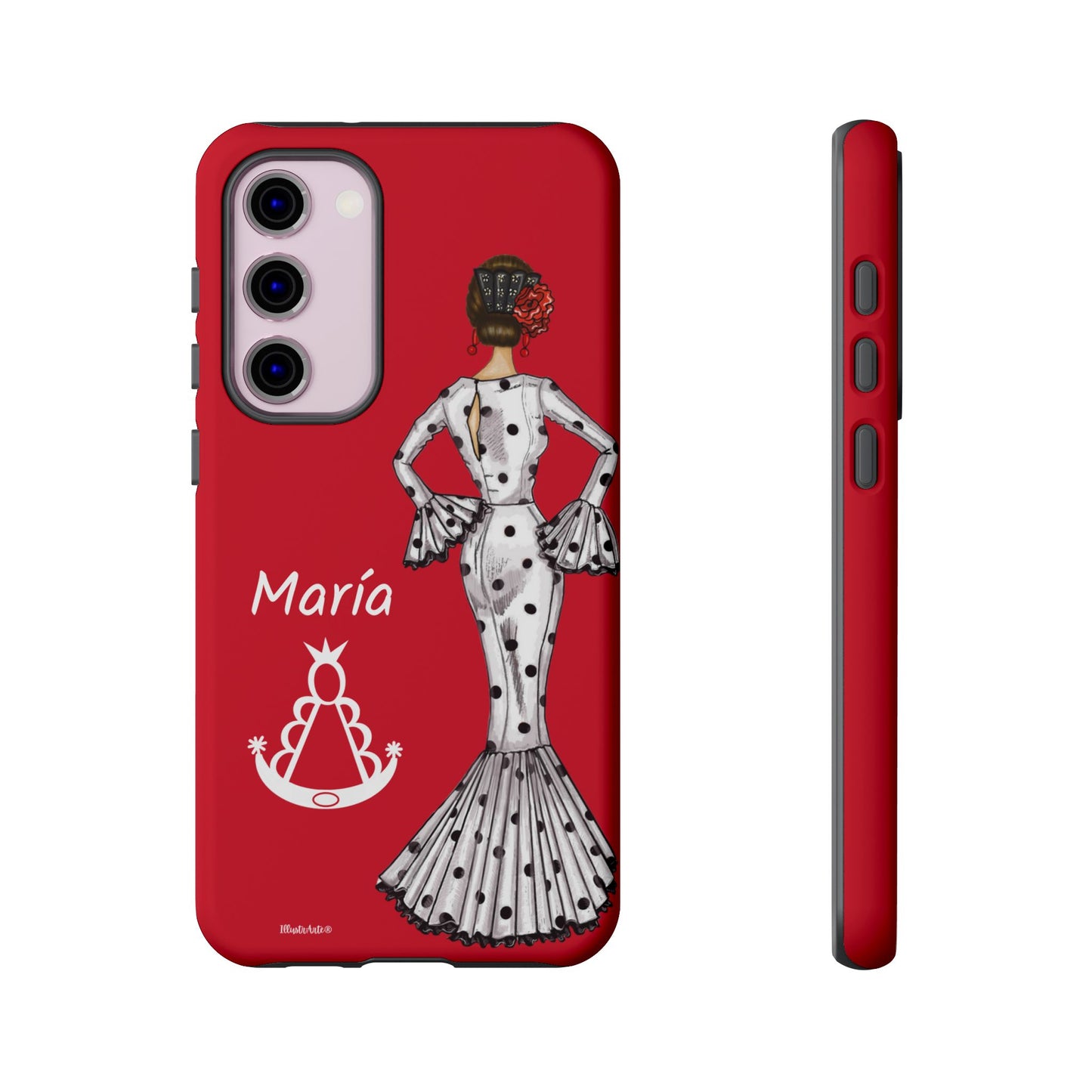 una funda de teléfono roja con una imagen de una mujer en un vestido