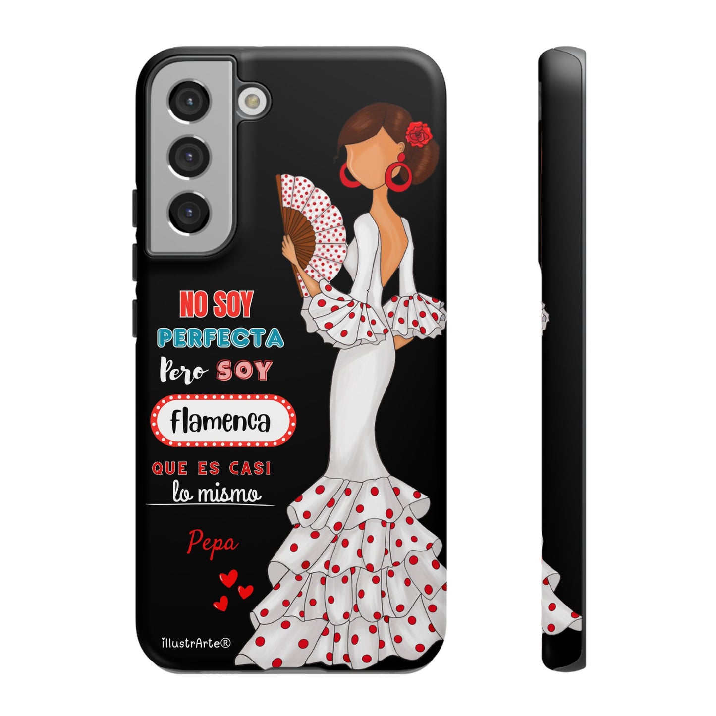 Funda de teléfono personalizable Pepa vestido blanco con frase – para iPhone, Samsung, Pixel