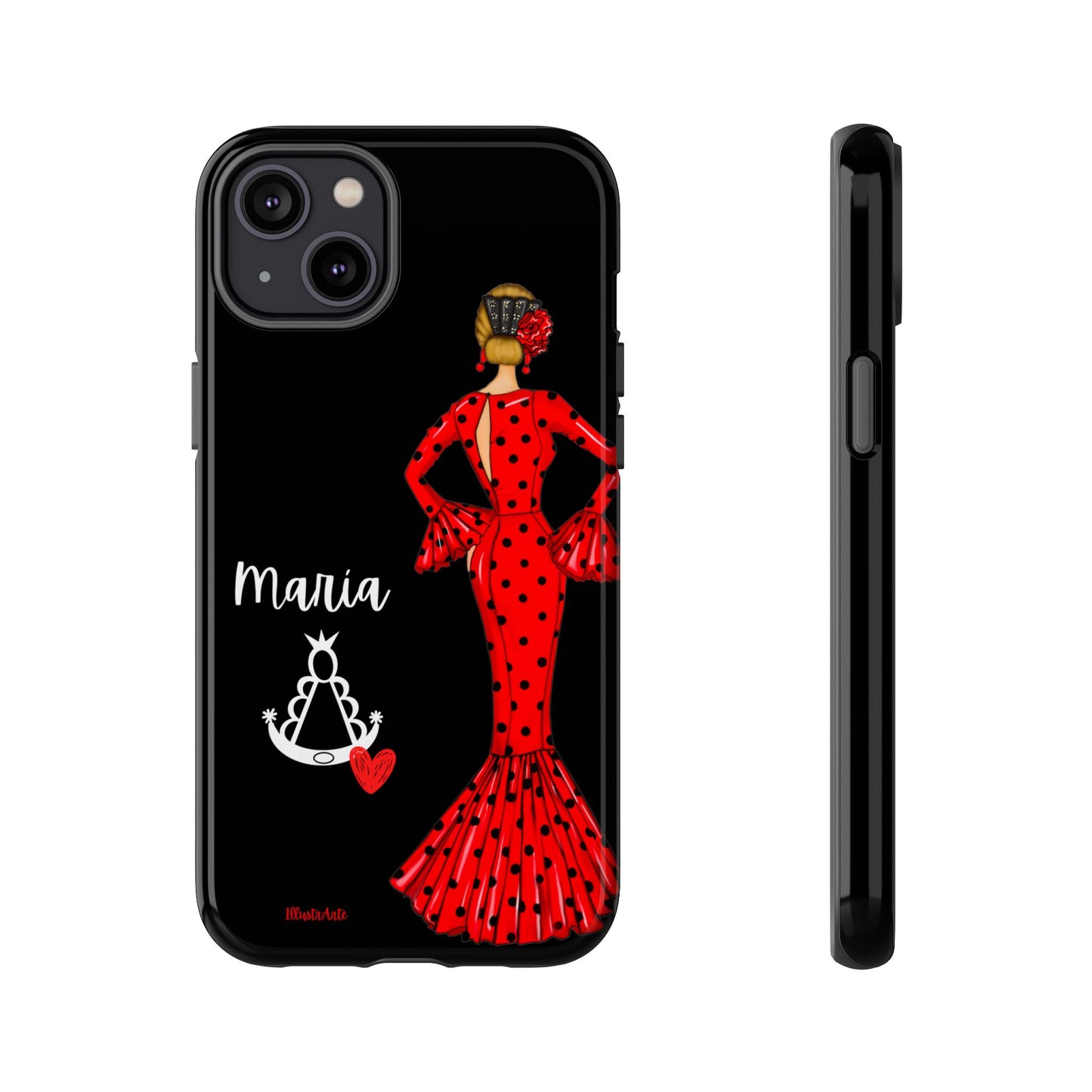 una funda de teléfono con una mujer en un vestido rojo