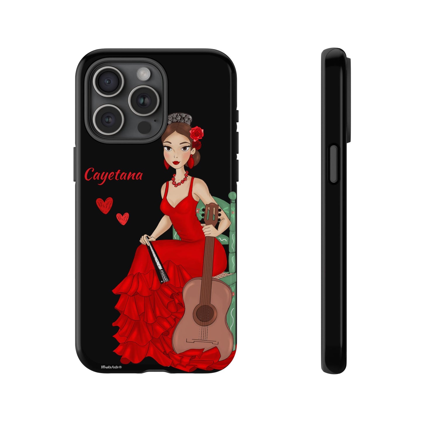 una funda de teléfono con una mujer en un vestido rojo sosteniendo una guitarra