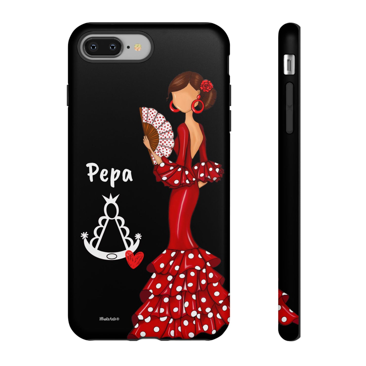 Personalized Pepa phone case on a black background with the Virgin Mary – for iPhone, Samsung, Pixel