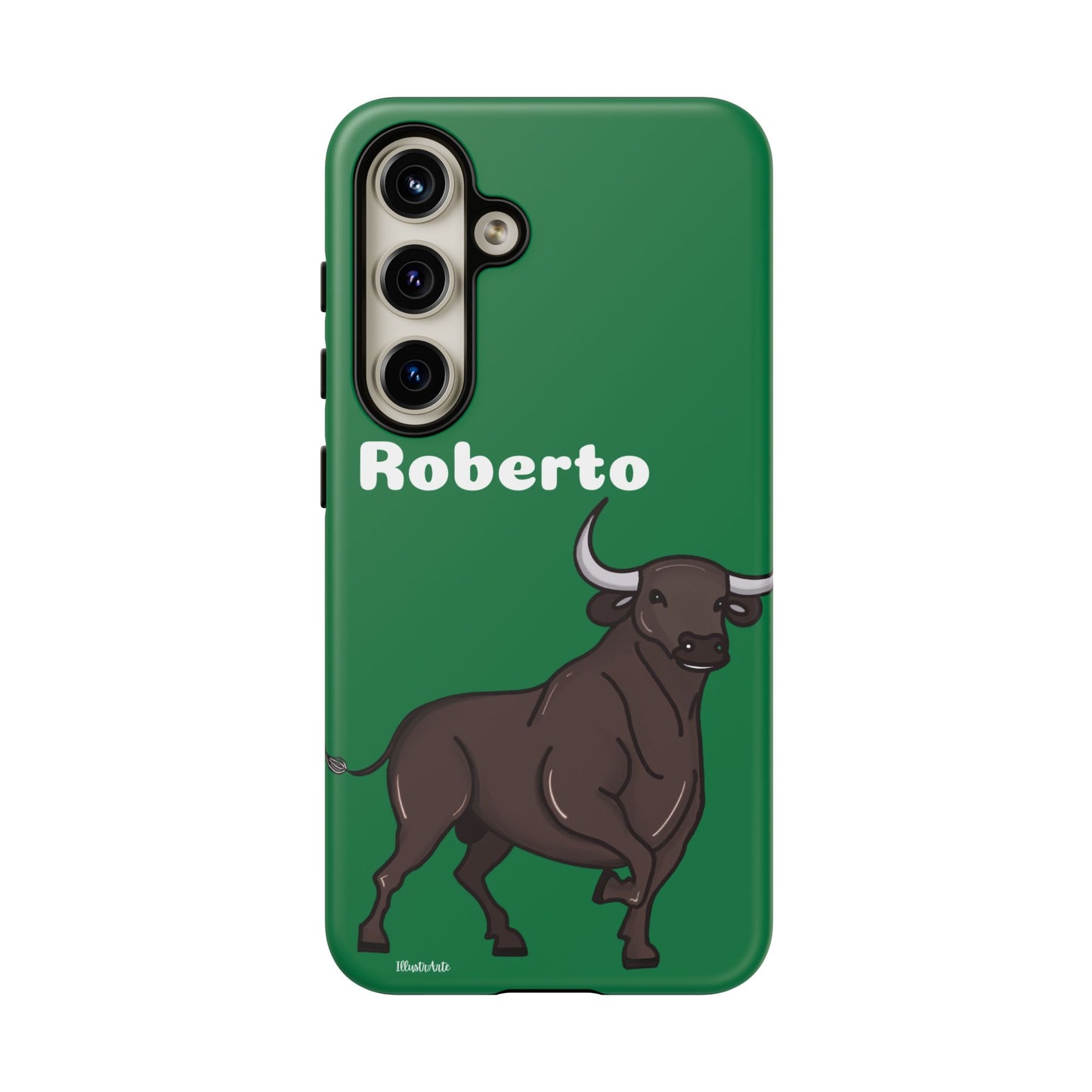 una funda de teléfono verde con un toro en ella