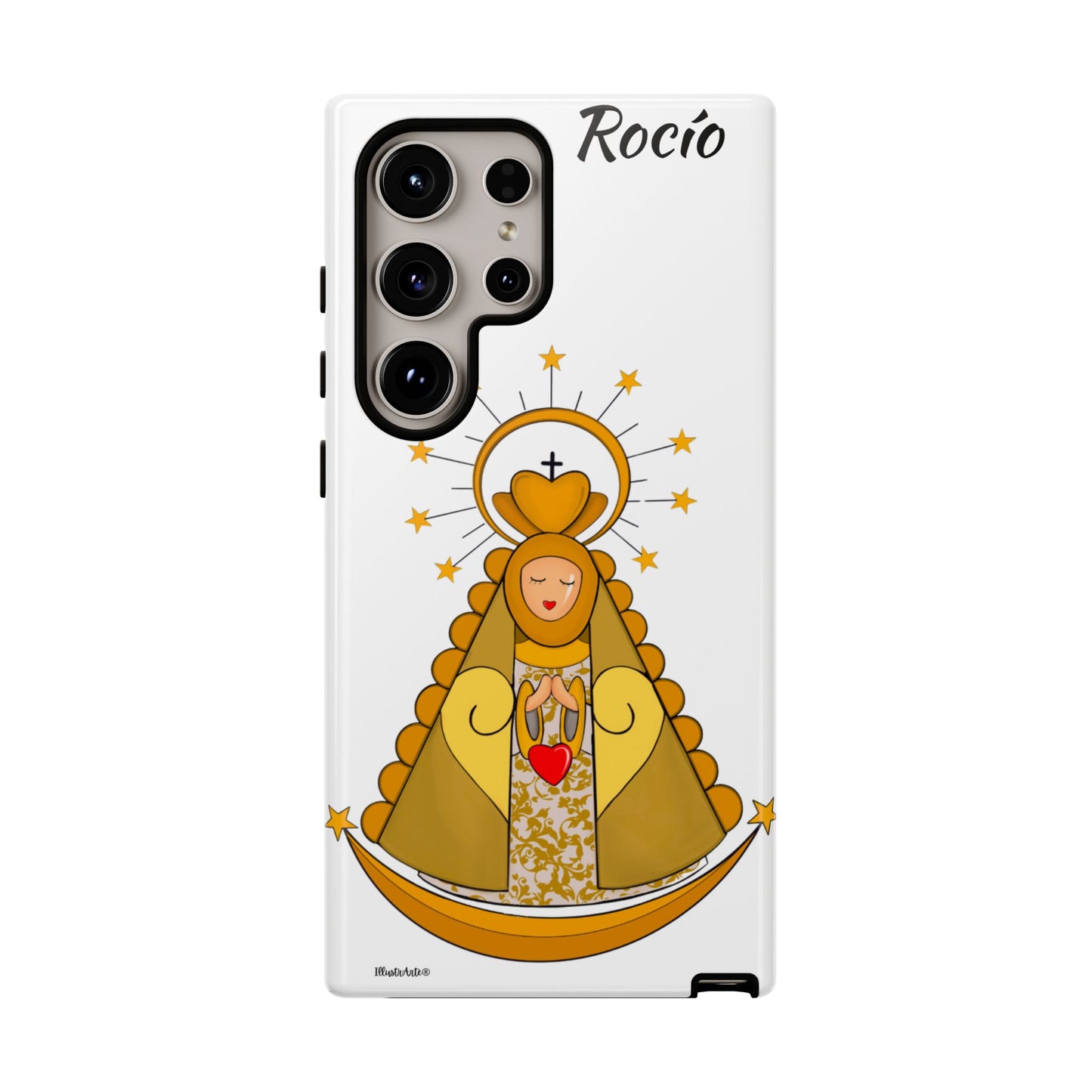 una funda de teléfono blanca con una foto de la virgen maría