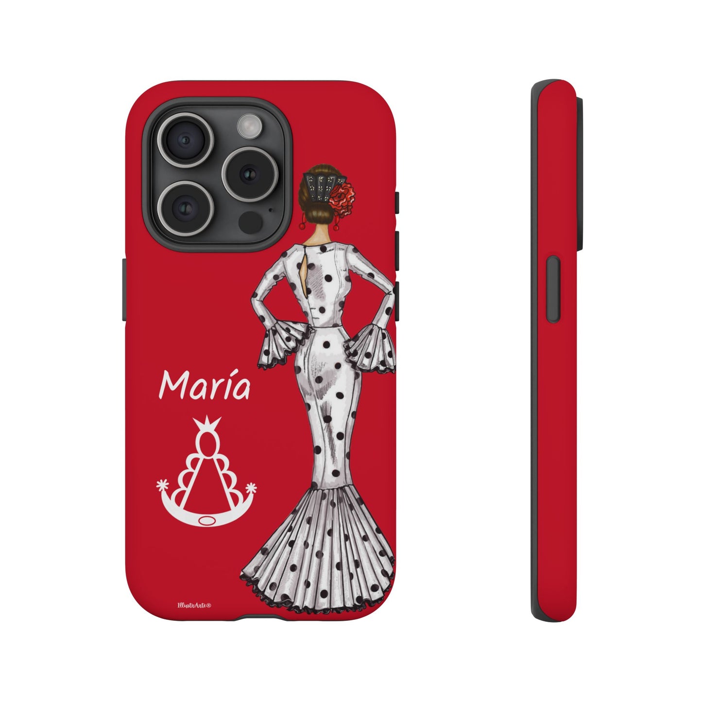 una funda de teléfono roja con una imagen de una mujer en un vestido