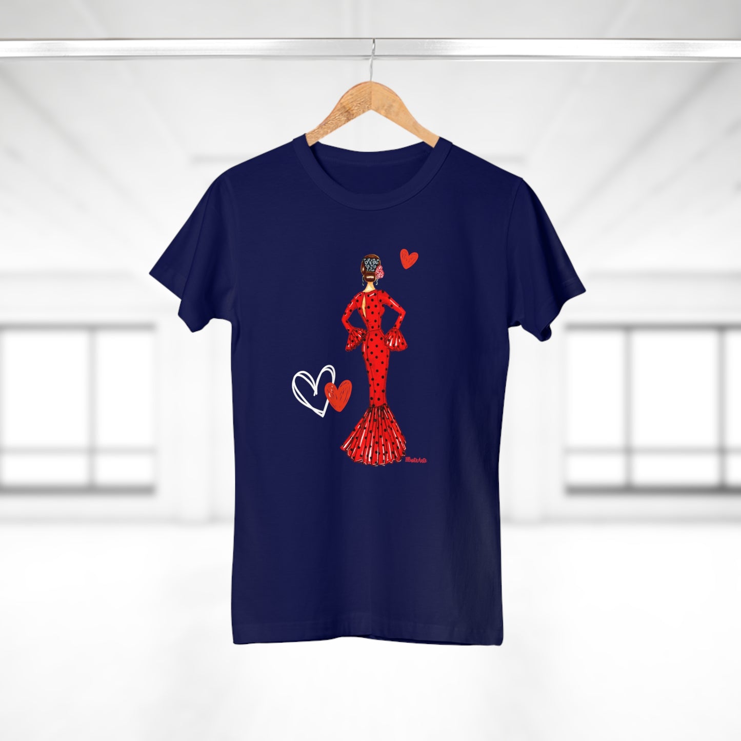 a t - shirt with a woman in a red dress holding a heart