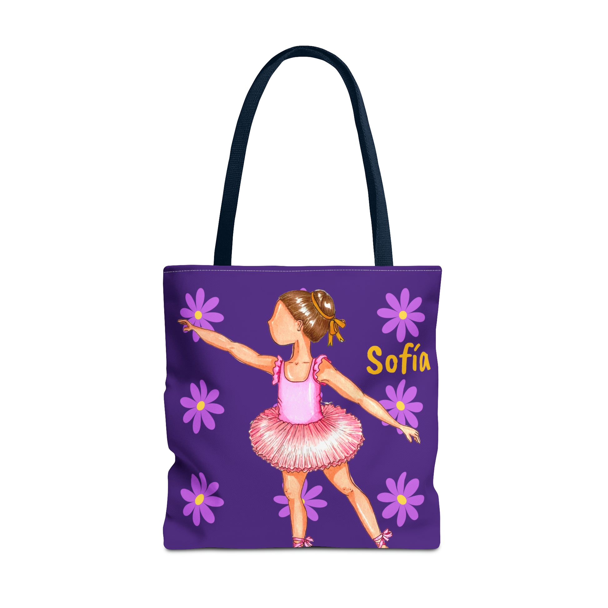 a purple tote bag with a picture of a little girl in a pink dress