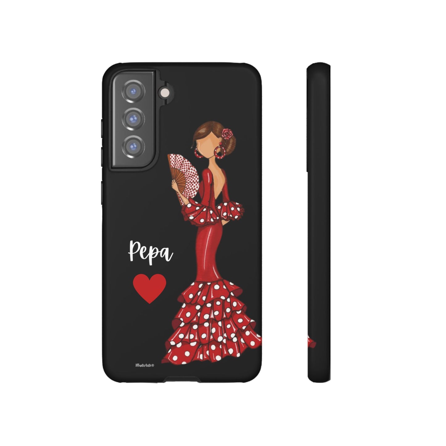 una funda de teléfono con una mujer en un vestido rojo