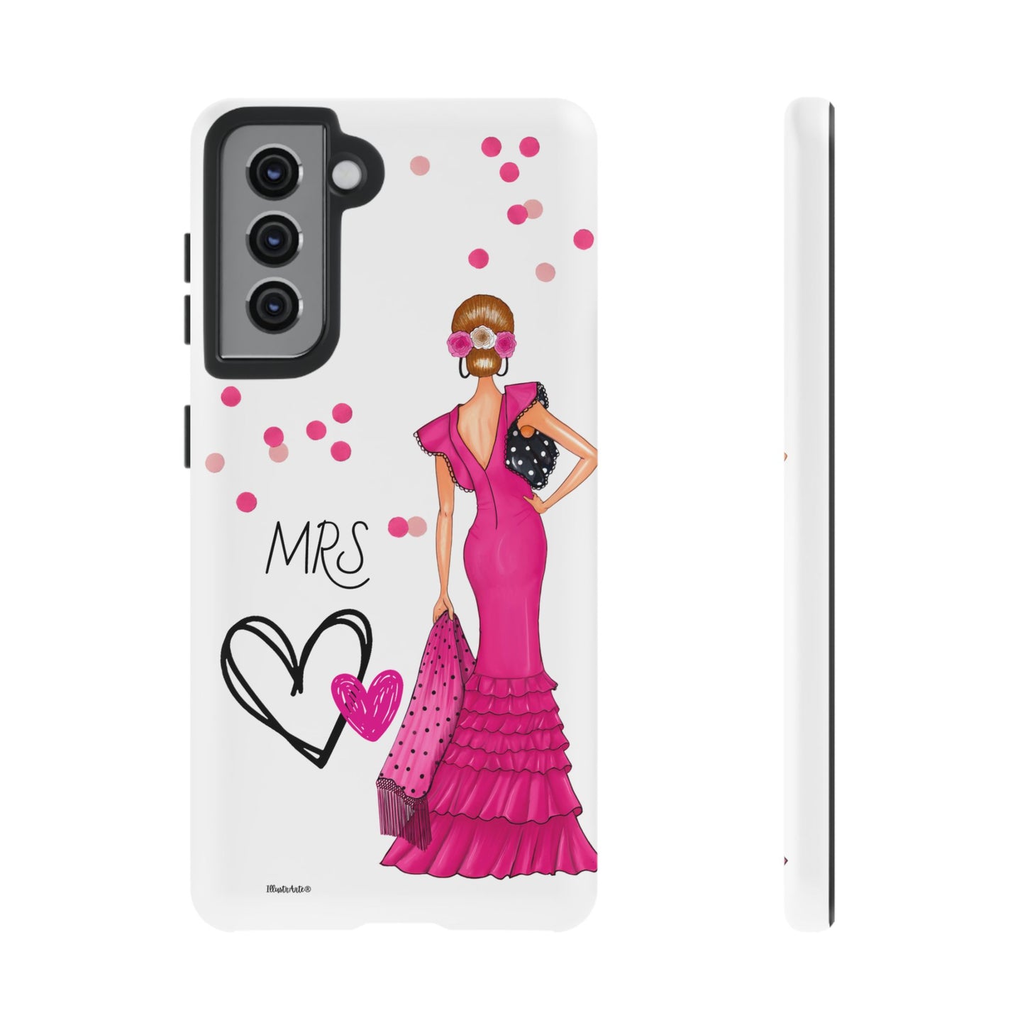 una funda de teléfono con una mujer en un vestido rosa